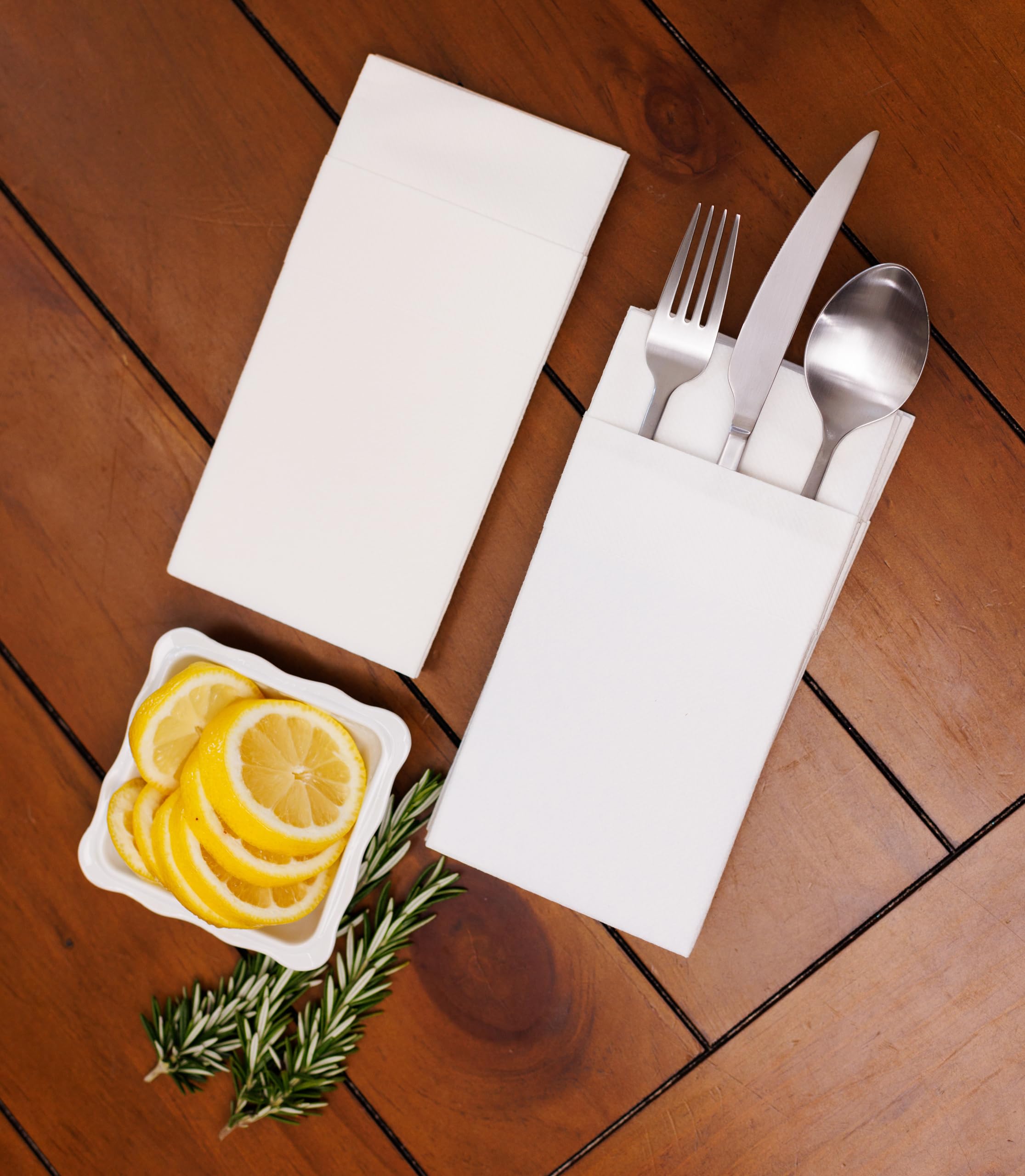 AH AMERICAN HOMESTEAD Linen Feel Paper Dinner Napkins with Silverware Pocket - 16''x15.5'' Bulk Disposable Napkins  Elegant Linen Like Style Hand Towel Napkins for Dinner Parties Weddings - White 50ct
