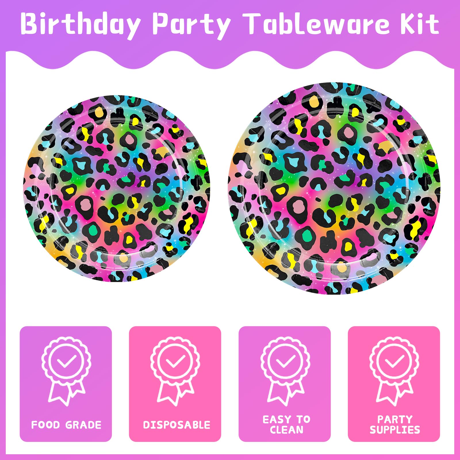 Xienbloc 120Pcs Neon Rainbow Leopard Birthday Party Supplies Paper Plates Napkins Cheetah Girl'S Sparkly Splatter Paper Tablewar