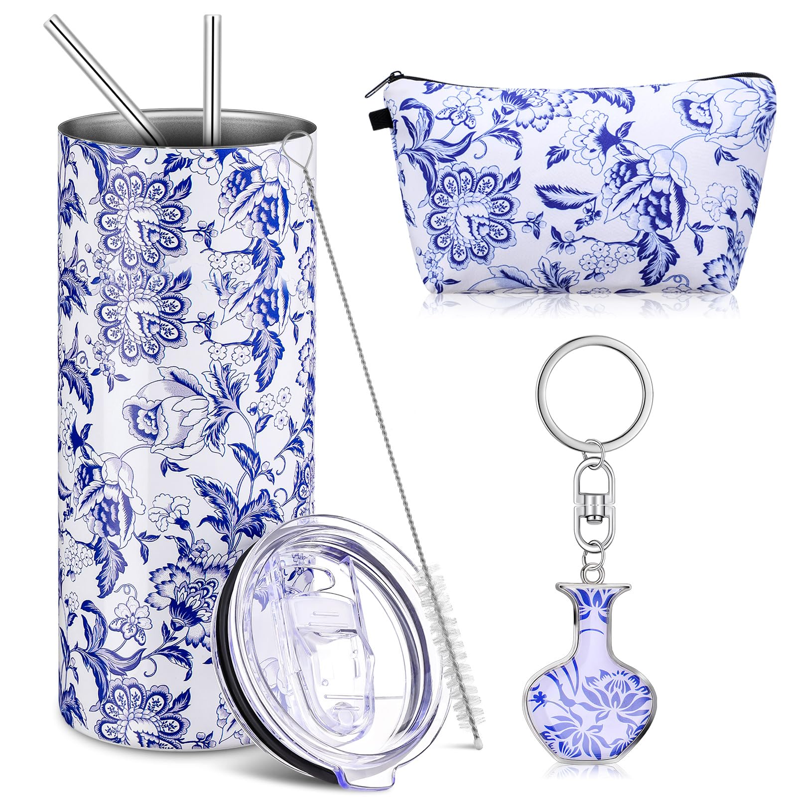Abbylike 3 Pcs Chinoiserie Gifts 20 oz Blue and White Stainless Steel Tumbler Chinoiserie Mug Blue and White Makeup Bag Keychain