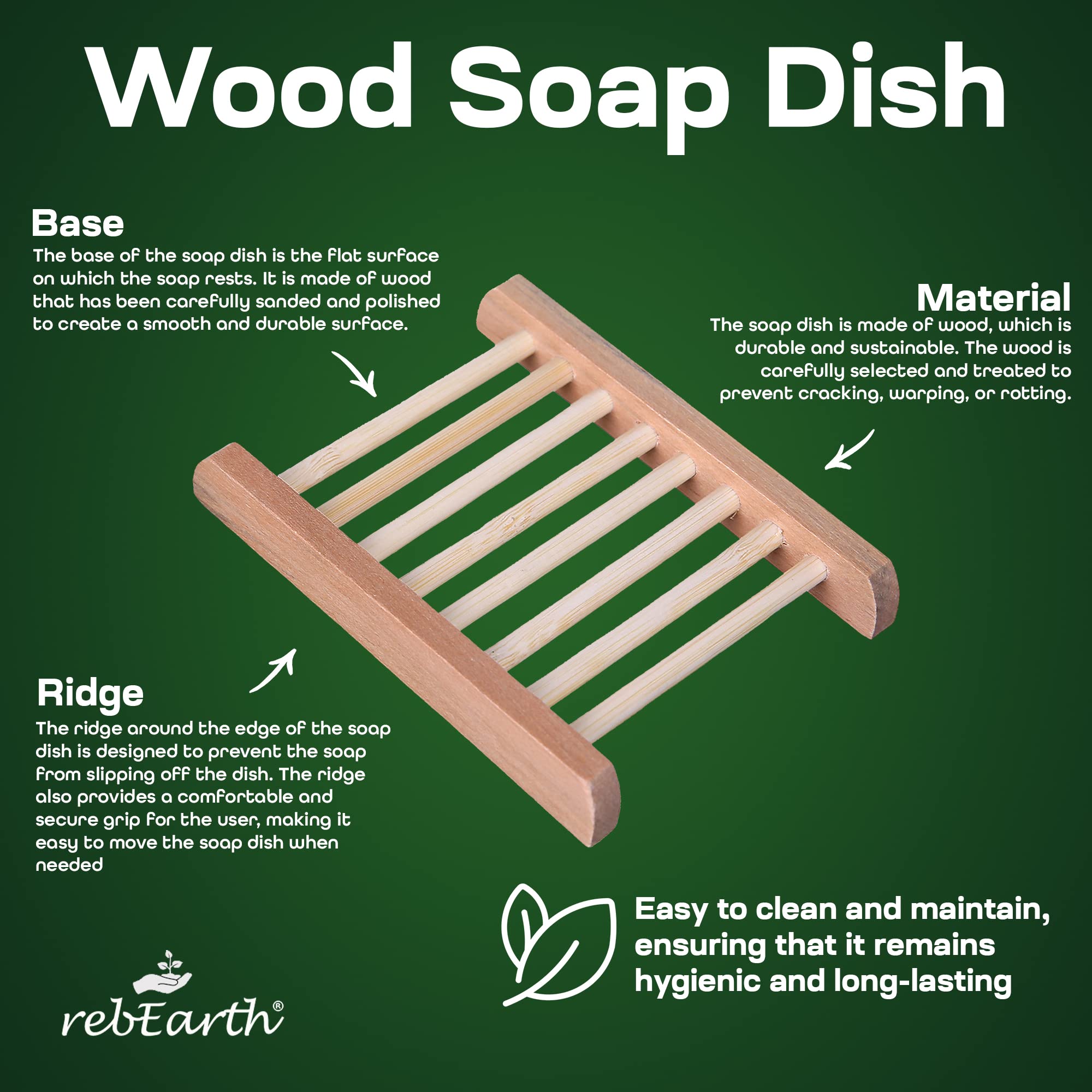 Rebearth Wood Soap Bar Dish Holder Handcrafted Stylish Square Tray | Self Draining | Keep Soap Dry | Shower Toilet Bathroom Kitc