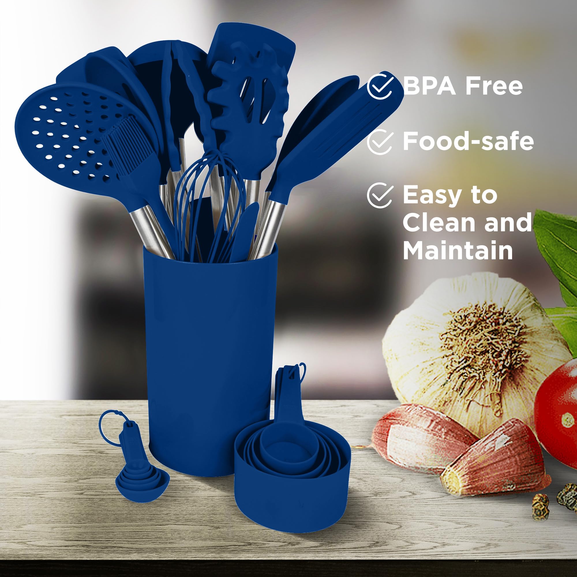 Silicone Kitchen Utensils Set - Culinary Couture 24-Pieces Blue Silicone Cooking Utensils Set For Nonstick Cookware - Silicone S
