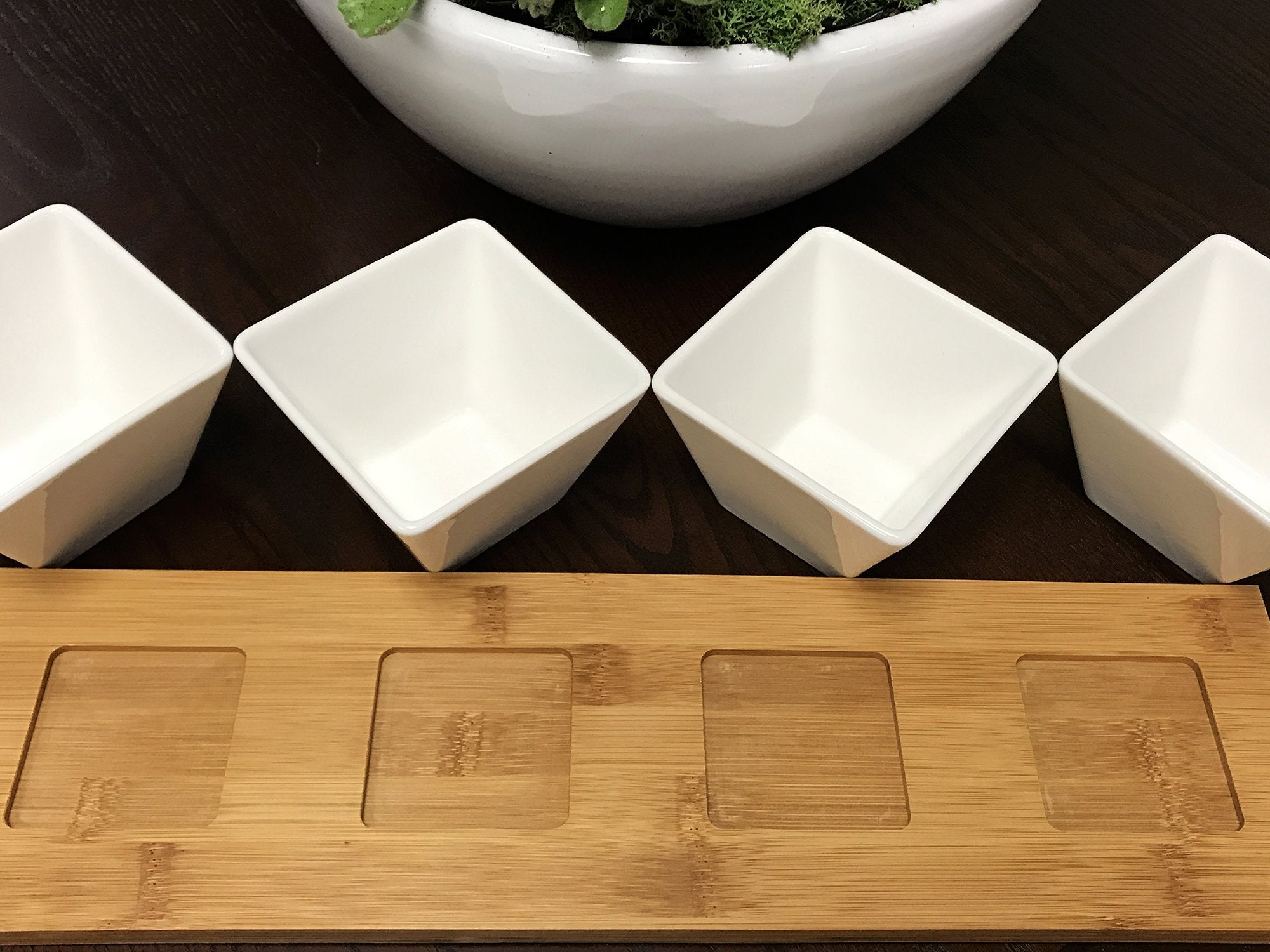 Elama Ceramic Stoneware Condiment Appetizer Set, 5 Piece, Long Rectangle In White And Natural Bamboo