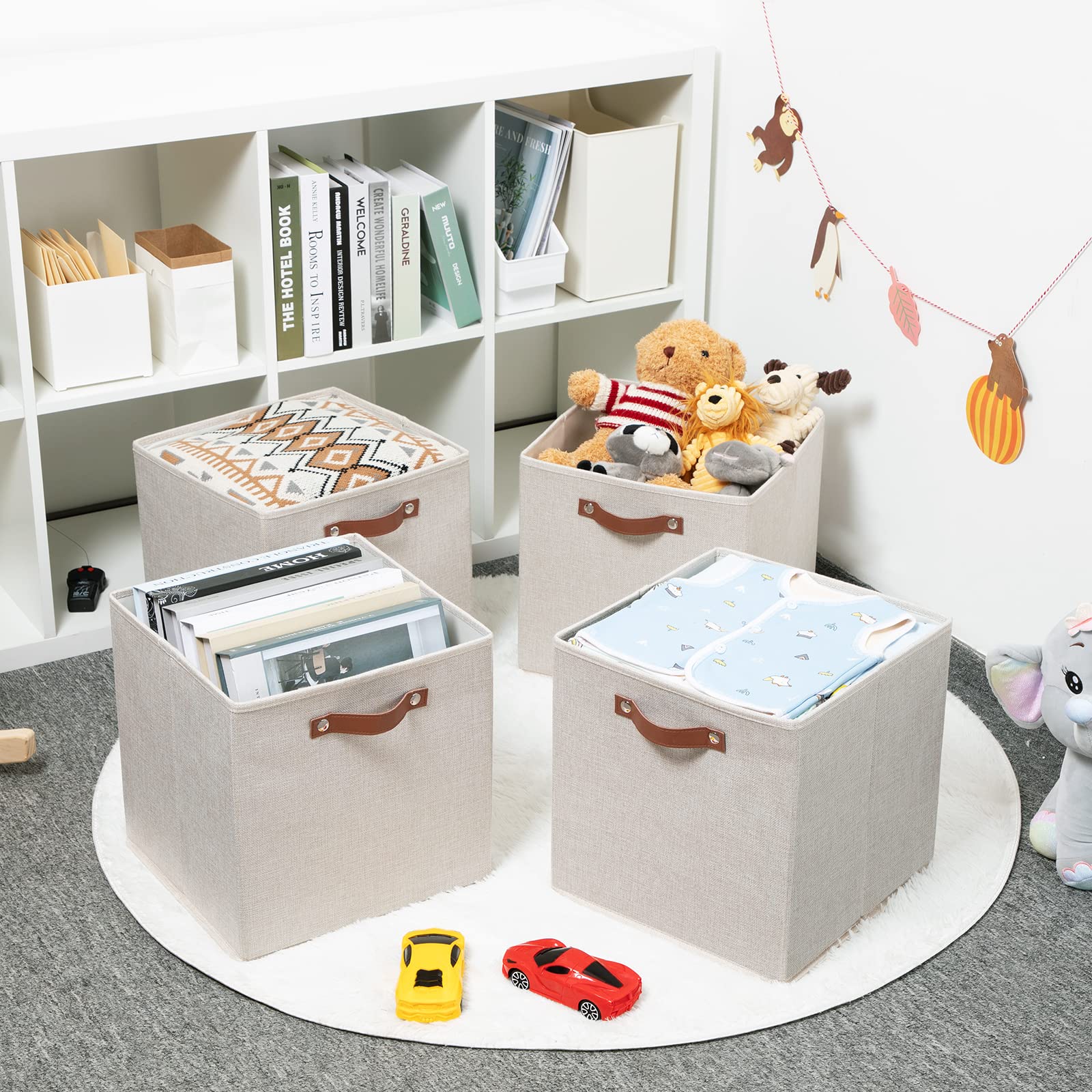 HNZIGE Large Storage Baskets Set of 4 Bins Collapsible Storage Baskets 13x13 Storage Cube Bins with Handles Foldable Storage Cube Bins for Shelves  Closet Storage Organizer Home Nursery Office(cream)