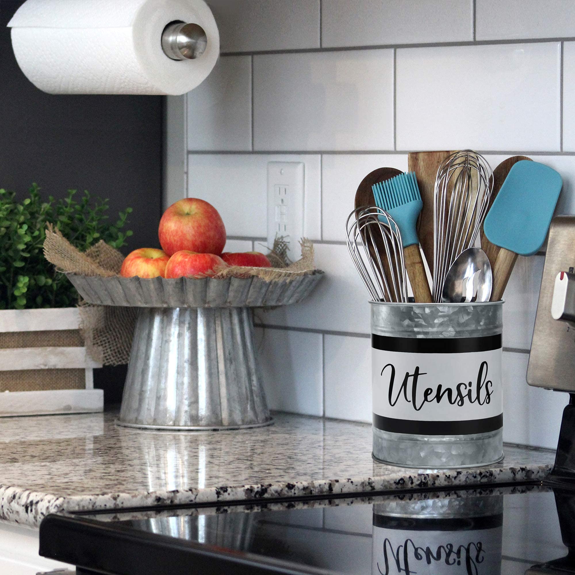 Home Acre Designs Kitchen Utensil Holder - Farmhouse Crock For Countertop Utensils, Black & White