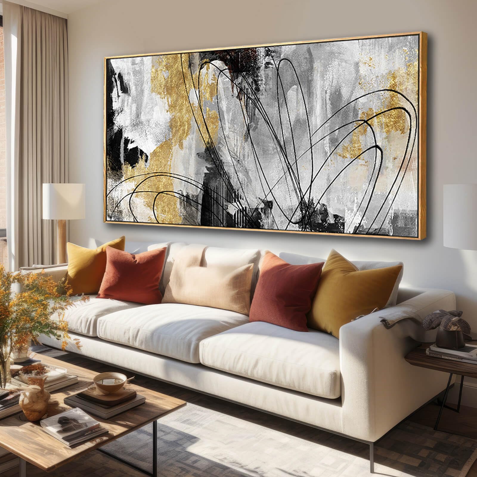 Large Canvas Wall Art Gold Abstract Paintings 29X58 Inch Wooden Framed Artwork Black Line Painting For Bedroom Bathroom Home Dec