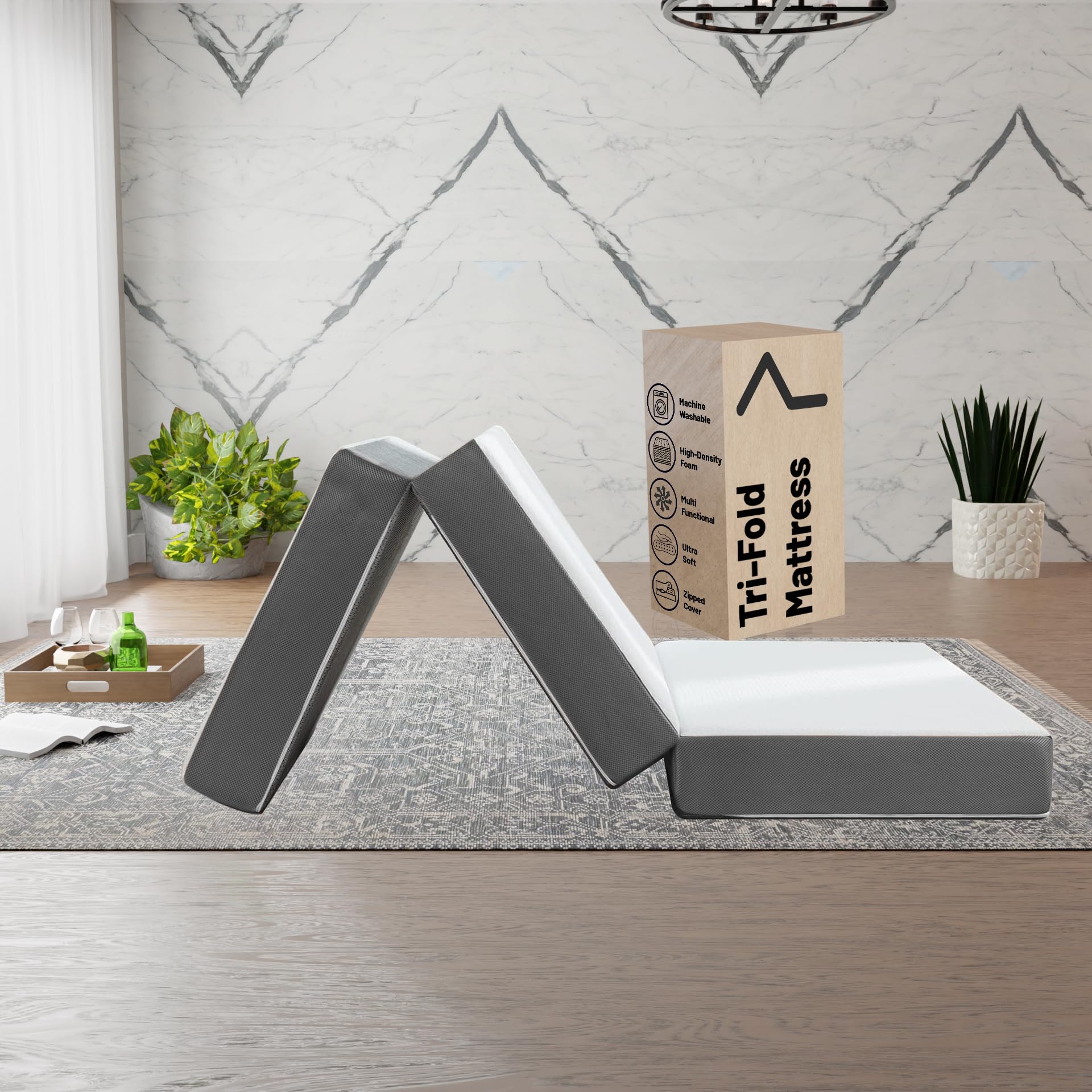 Treaton, 3-Inch Tri-Folding Gel Memory Foam Portable Floor Mattress | Breathable Mesh, Ultra Soft, Cot Pad, Removable And Washab