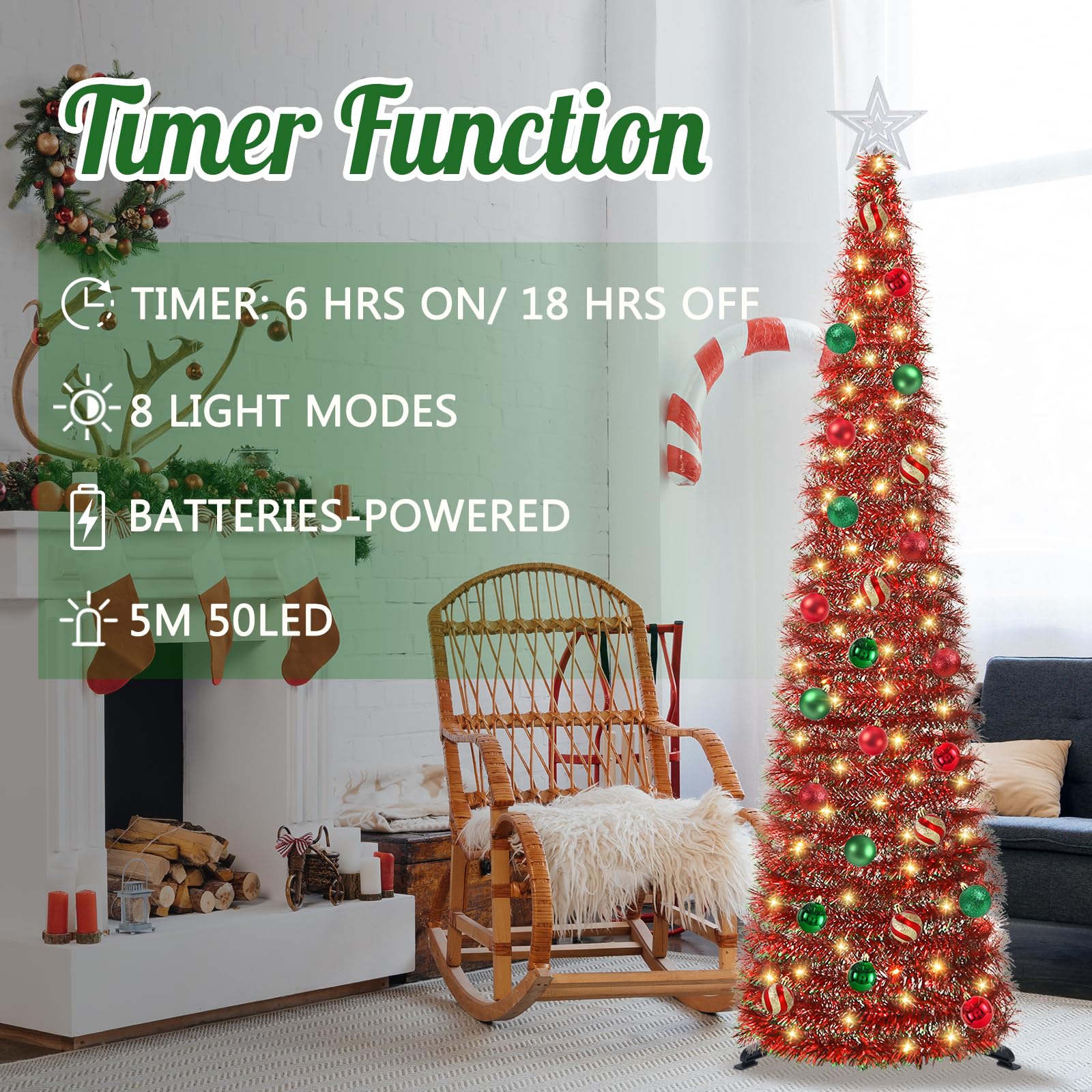 SINTENILL 5 FT Pop Up Christmas Tree with Timer Lights and Decorations, Red Tinsel Artificial Christmas Tree with 24 Balls Ornam