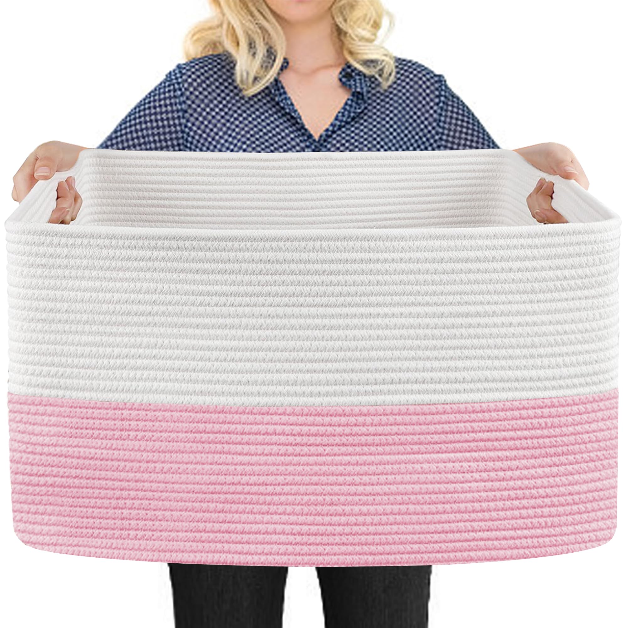 Megasket Xxxl Pink Storage Basket, 23.6'' X 15.7'' X 14.1'' Rectangle Cotton Rope Basket, Extra Large Blanket Basket, Kids Toy B