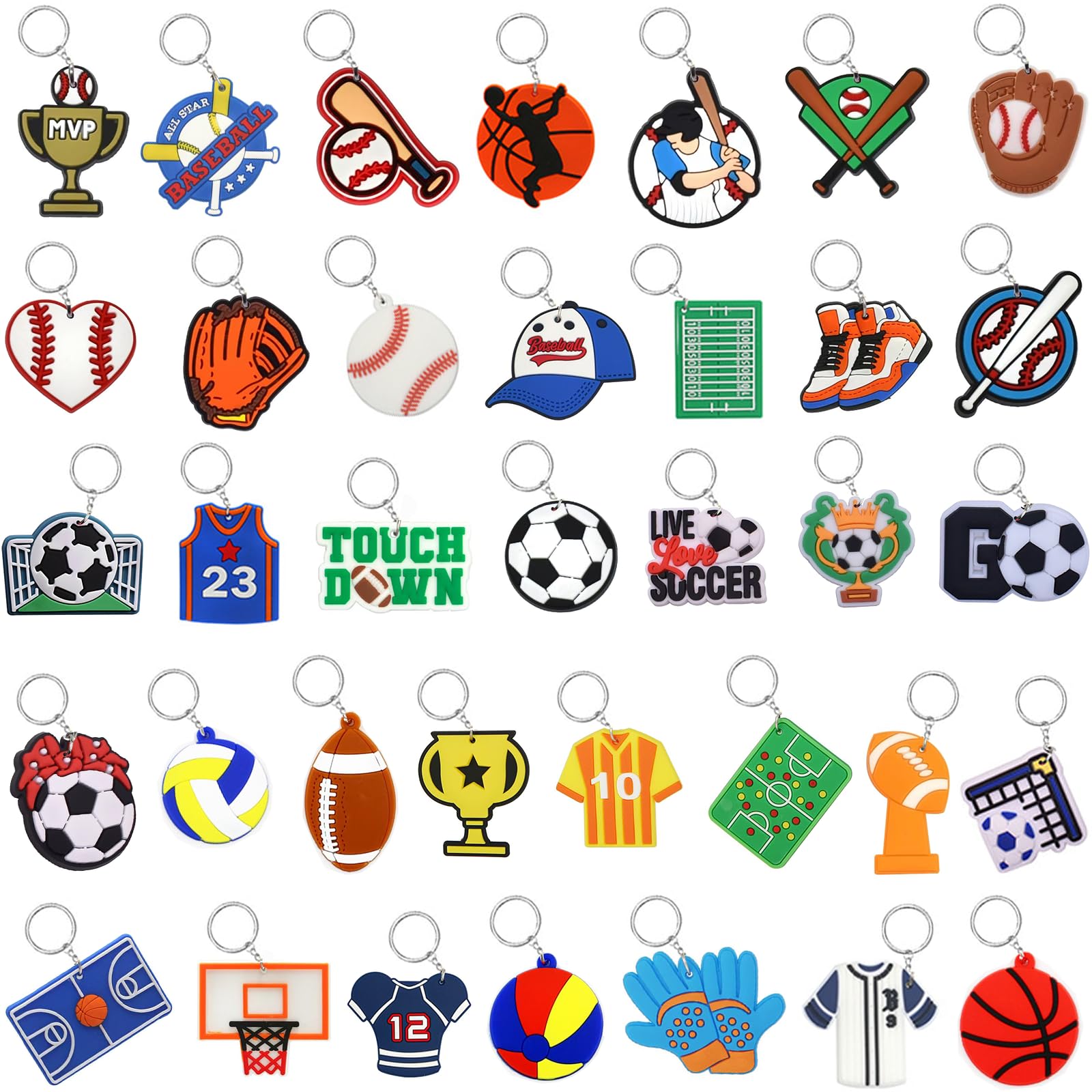 36pcs Cute Keychains Bulk for Kids Backpacks Keychain Baseball Basketball Football Rugby Keychains Sports Ball Key Chains Funny 