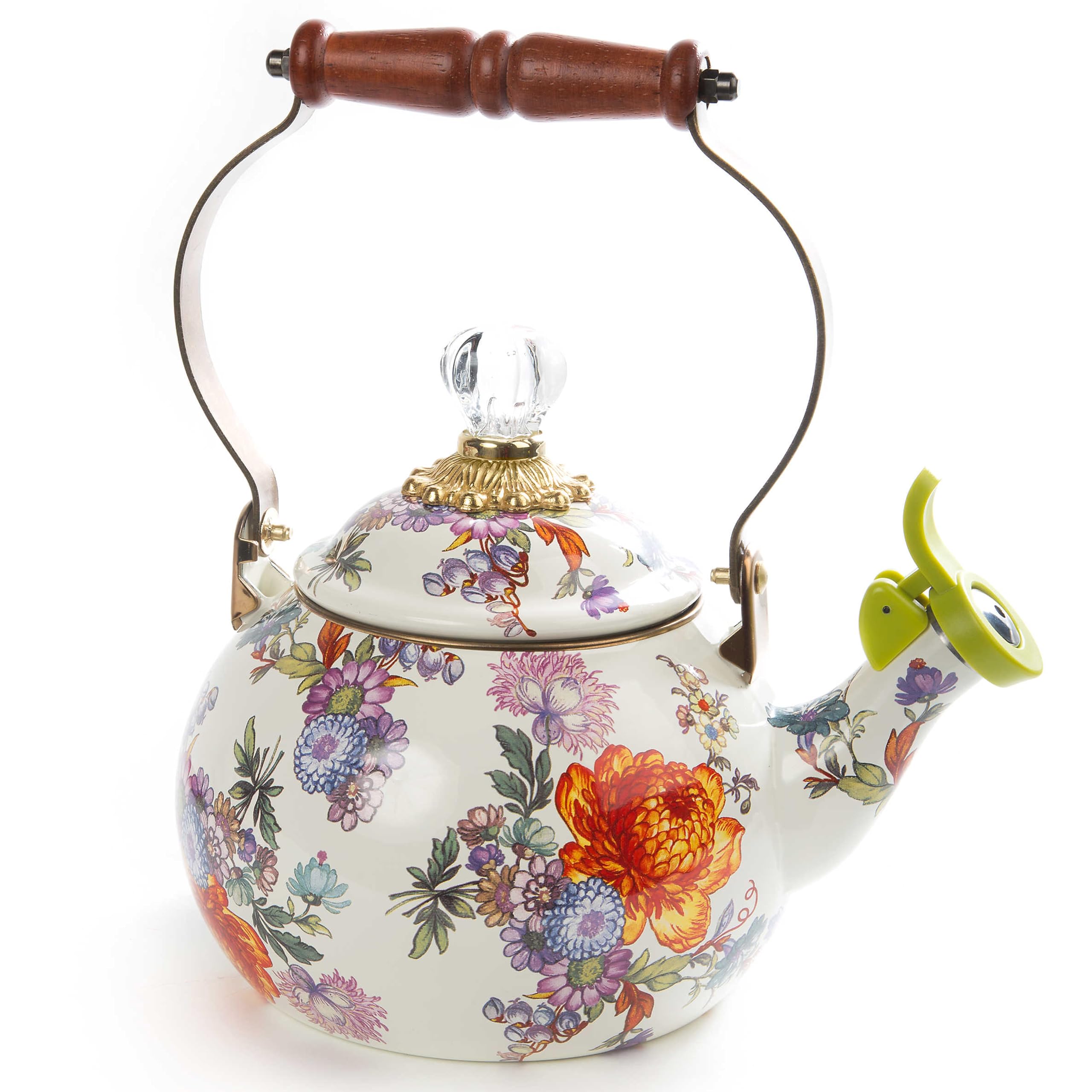 MACKENZIE-CHILDS Enamel Whistling Tea Kettle, Decorative Teapot, White Flower Market