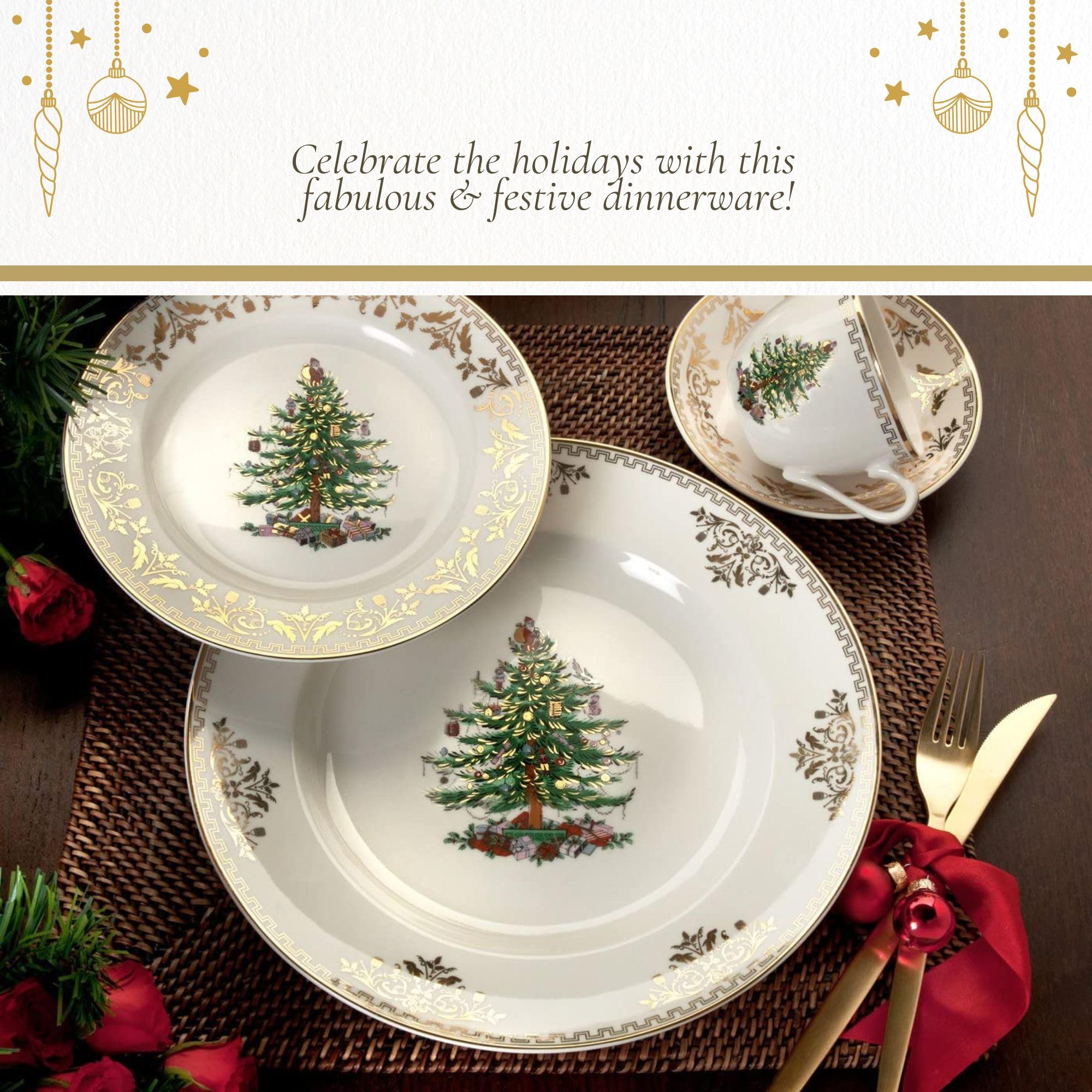 Spode Christmas Tree Gold Dinner Plate, 10.5-Inch Porcelain, Multicolor, Model 1557109, Microwave & Dishwasher Safe