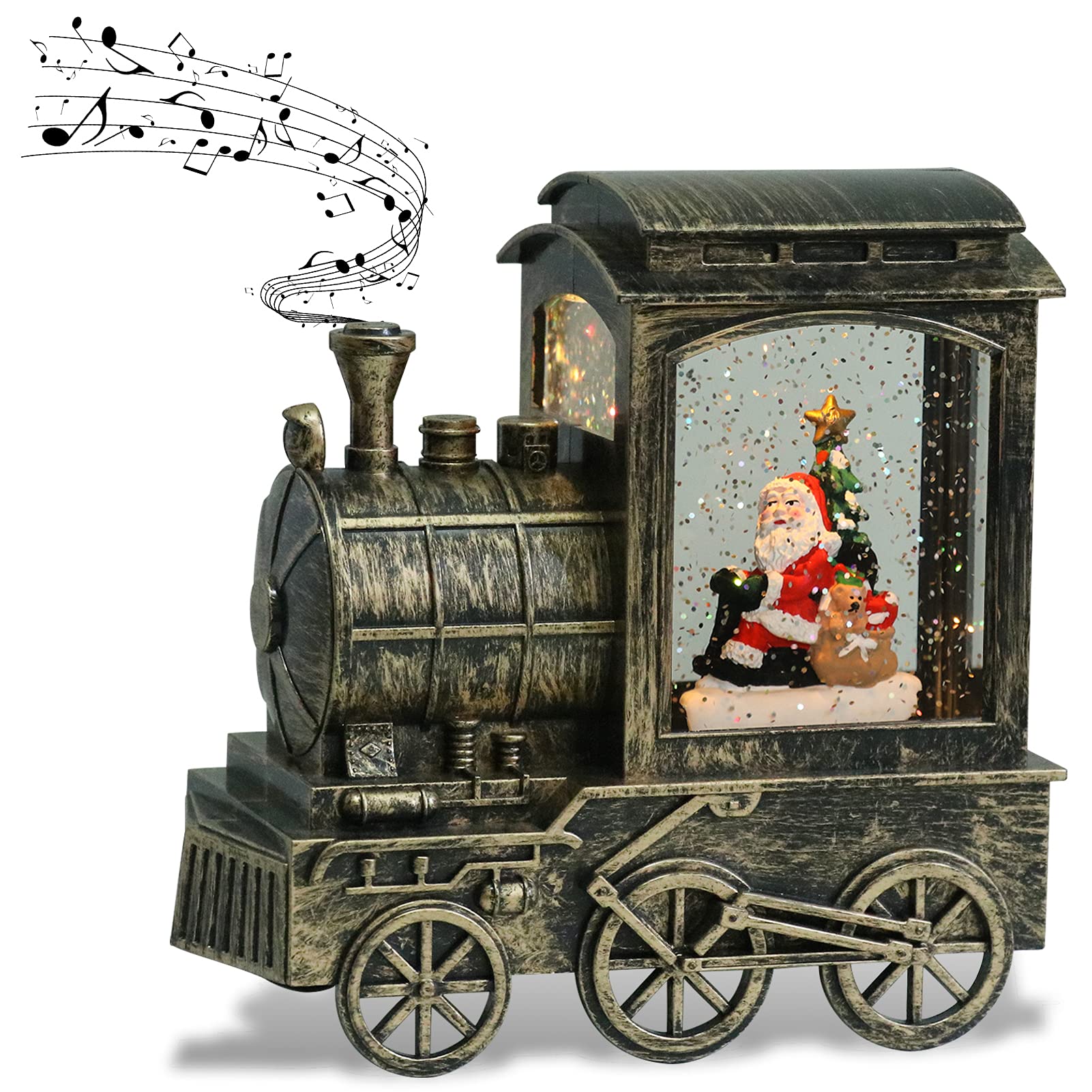 DRomance Music Snow Globe Train Lantern with Music and Timer, Battery Operated and USB Cable Santa Lighted Snow Globe Spinning W