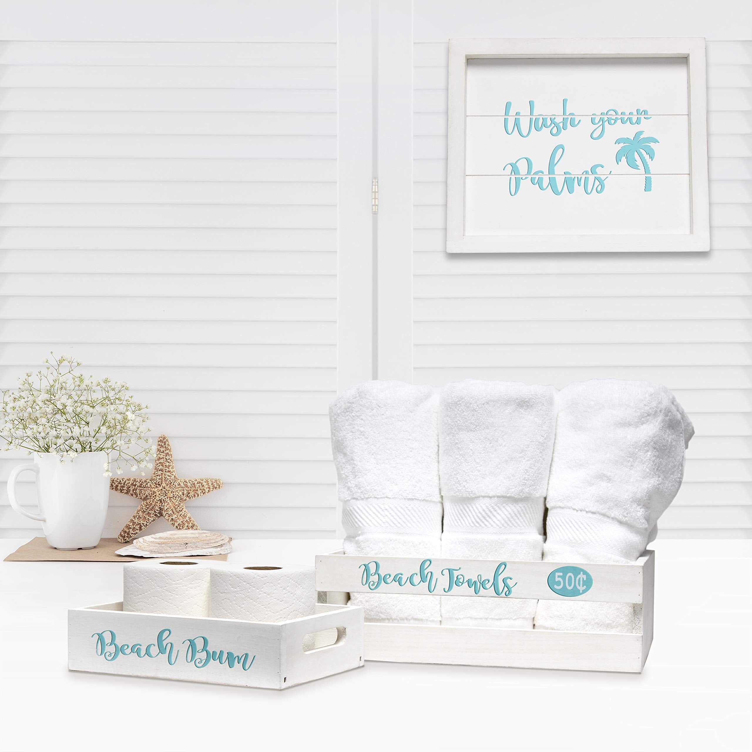 Elegant Designs HG3100-WBH Three Piece Decorative Wood Bathroom Set White Wash Aqua Blue Color Palm Tree Towel and Toilet Paper 