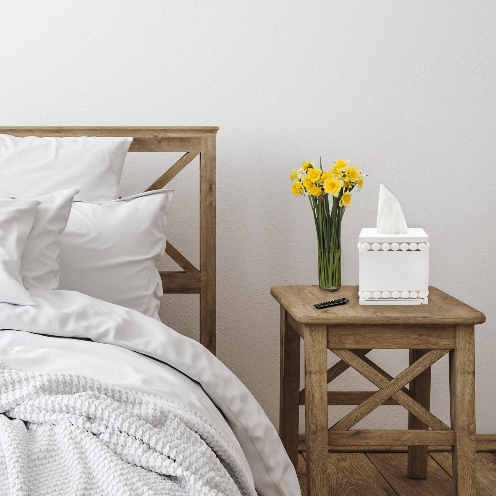 Auldhome Design Beaded Square Tissue Box Cover (White); Rustic Farmhouse Wood Tissue Holder