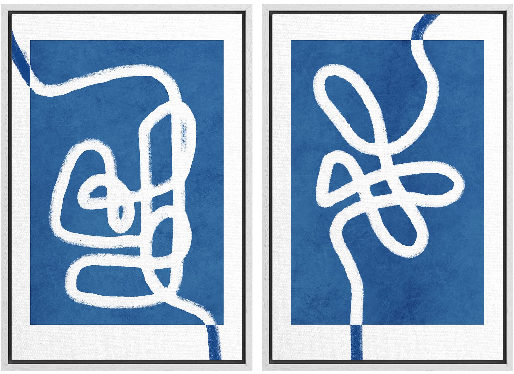 Signwin Framed Wall Art Print Set White Line Contrasting Blue Backround Abstract Swirly Digital Art Modern Art Mid-Century Moder