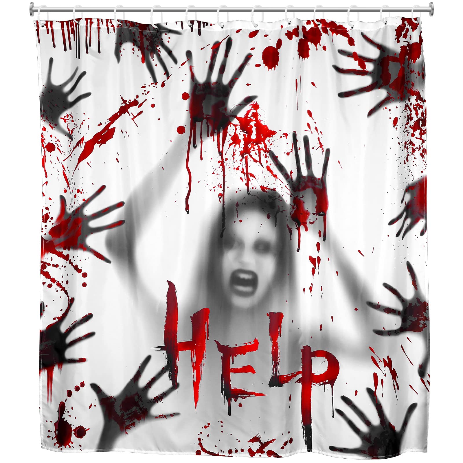 Cindeer Halloween Shower Curtain For Bathroom With Hook Scary Bloody Hands, 71 X 71 Inch Help Me Ghost Hand Shower Curtain Water