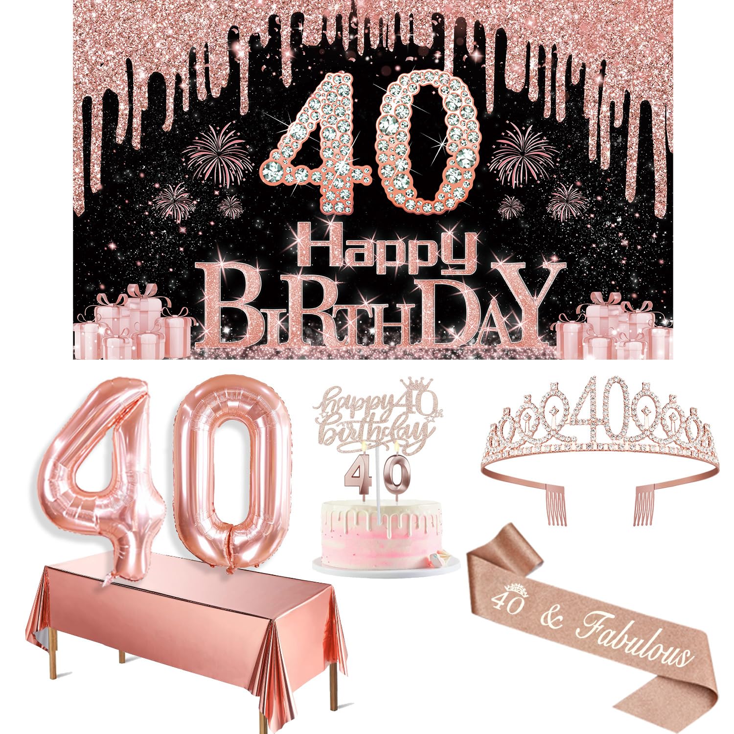 40Th Birthday Decorations For Women With Banner, Rose Gold Tablecloth, Number Balloons, 40Th Birthday Sash And Tiara, Cake Toppe