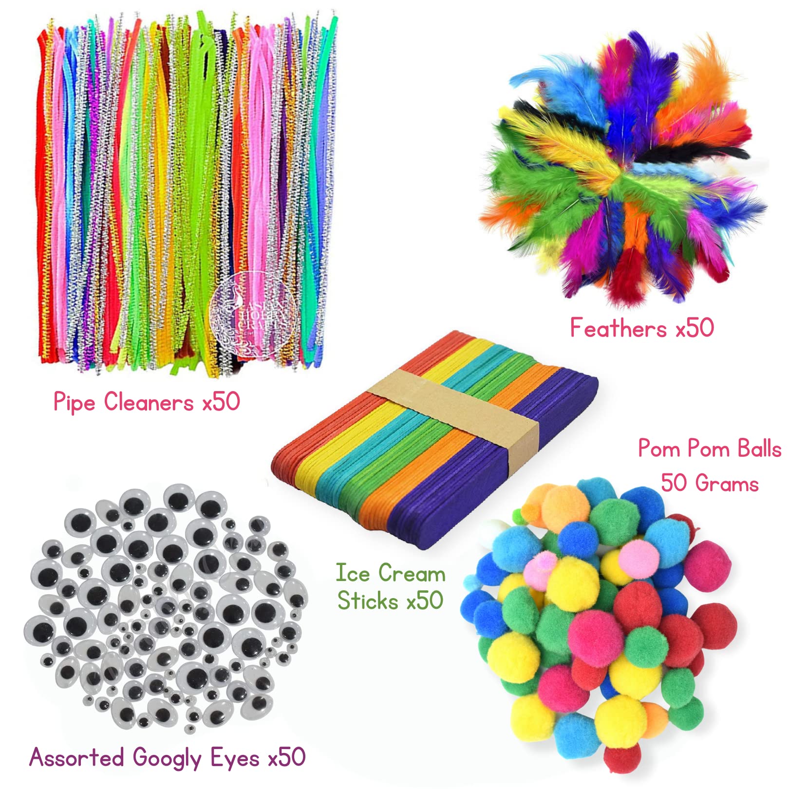 Asian Hobby Crafts Kids Pom Pom Crafts Kit With 250+ Craft Materials/Pipe Cleaners, Googly Eyes, Pompom Balls, Ice Cream Sticks,