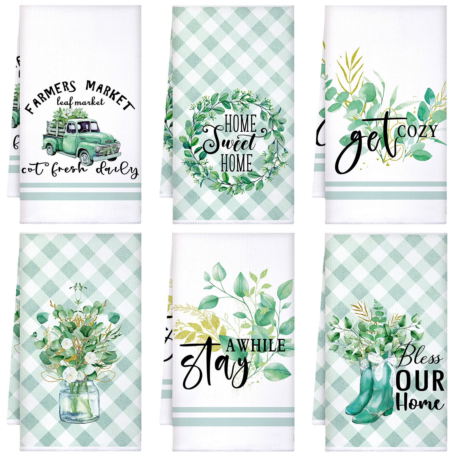 Set Of 6 Eucalyptus Kitchen Towels Green Leaves Dish Towels Absorbent Tea Towels 24 X 16 Inch Eucalyptus Get Cozy Lover Gifts Ho