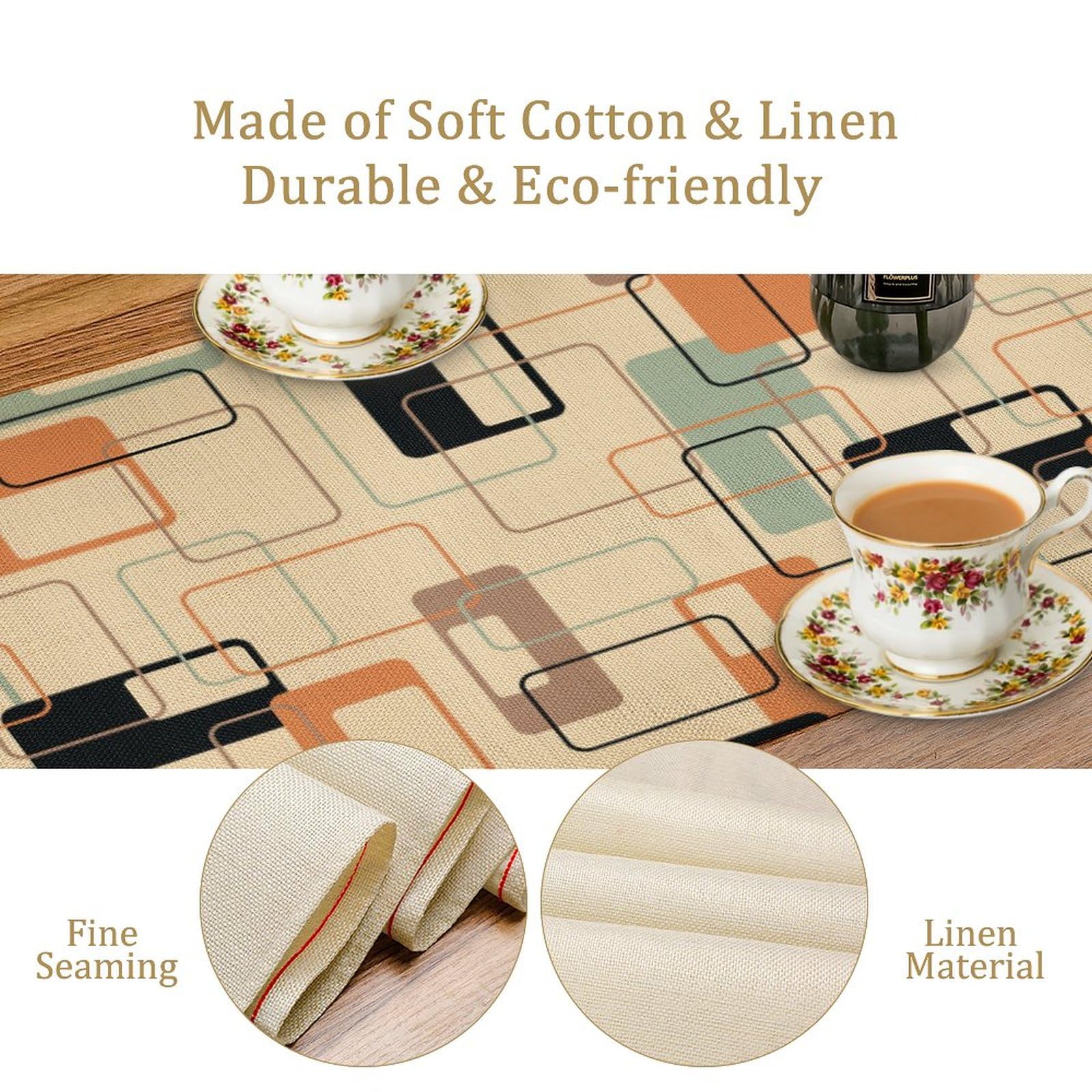 Mid Century Table Runner,Retro Square Design Modern Style Tabletop Collection Table Runner For Living Room Kitchen Dining Banque