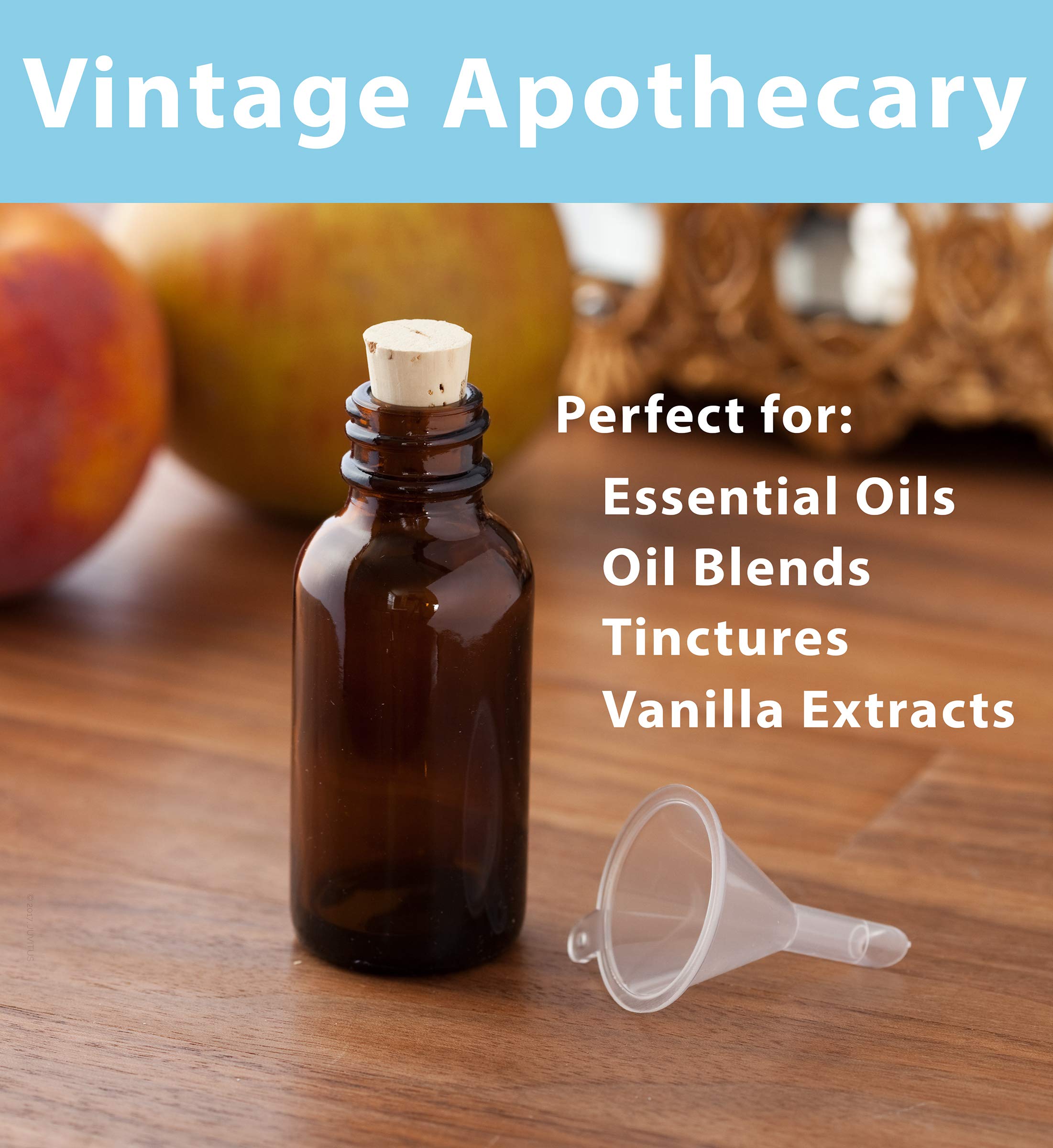 Juvitus 1 Oz Amber Glass Boston Round Bottle With Cork 12 Pack + Funnel