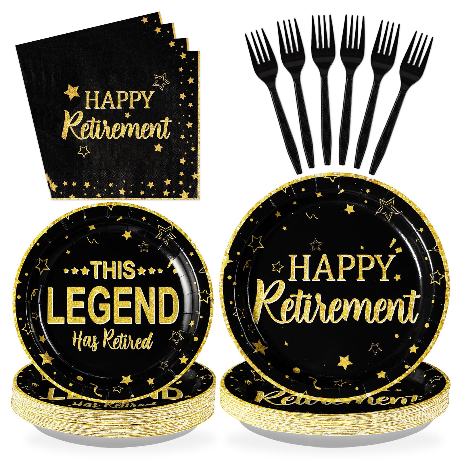 Grencian 96 Pcs Retirement Party Plates Black and Gold Happy Retirement Party Supplies Disposable Black and Golden Retired Table