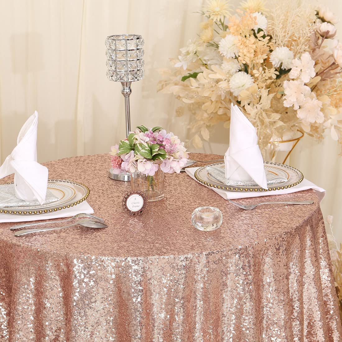 Eternal Beauty Rose Gold Sequin Tablecloth 120-Inch Sparkly Overlay Round Glitter Table Cover for Wedding Party Birthday Decorat