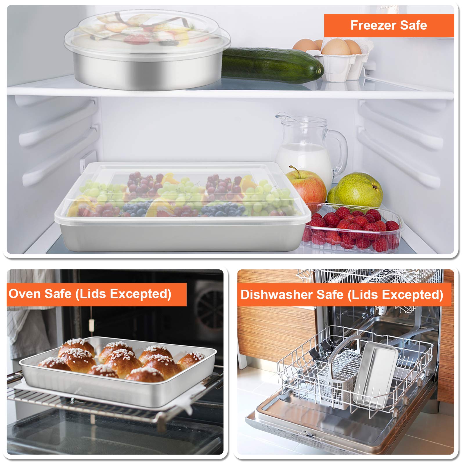 Teamfar Stainless Steel Bakeware Set Of 8, Baking Roasting Pan Set With Lid, Lasagna Pan With Lid, Square & Round Cake Pan, Loaf
