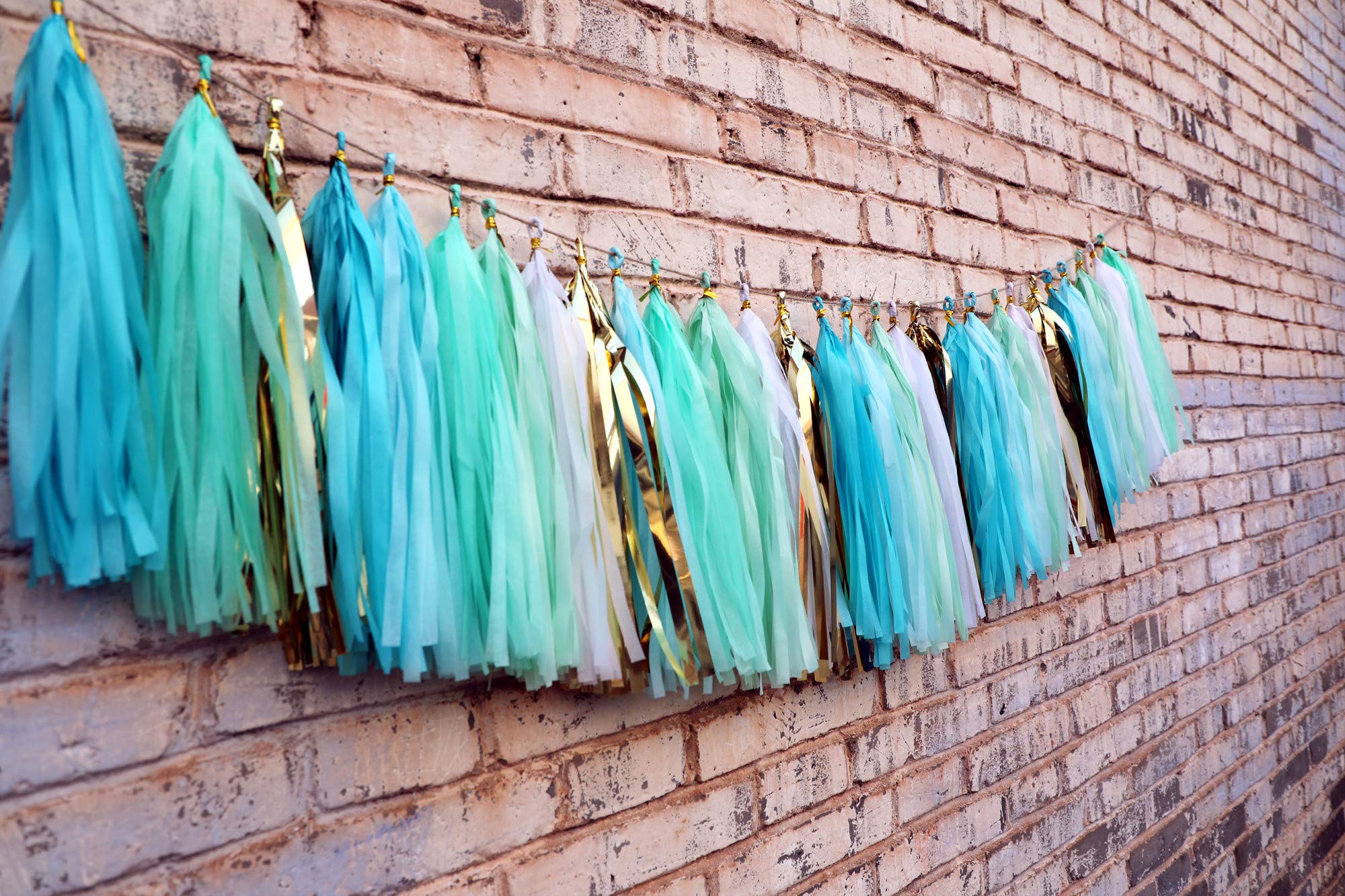 Fonder Mols Tissue Paper Tassel Garland (Pack Of 30, White Mint Aqua Gold) Rustic Birthday Wedding Party Decor Mermaid First Bir