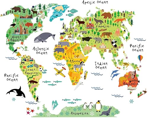 Homeevolution Large Kids Educational Animal Landmarks World Map Peel & Stick Wall Decals Stickers Home Decor Art For Nursery