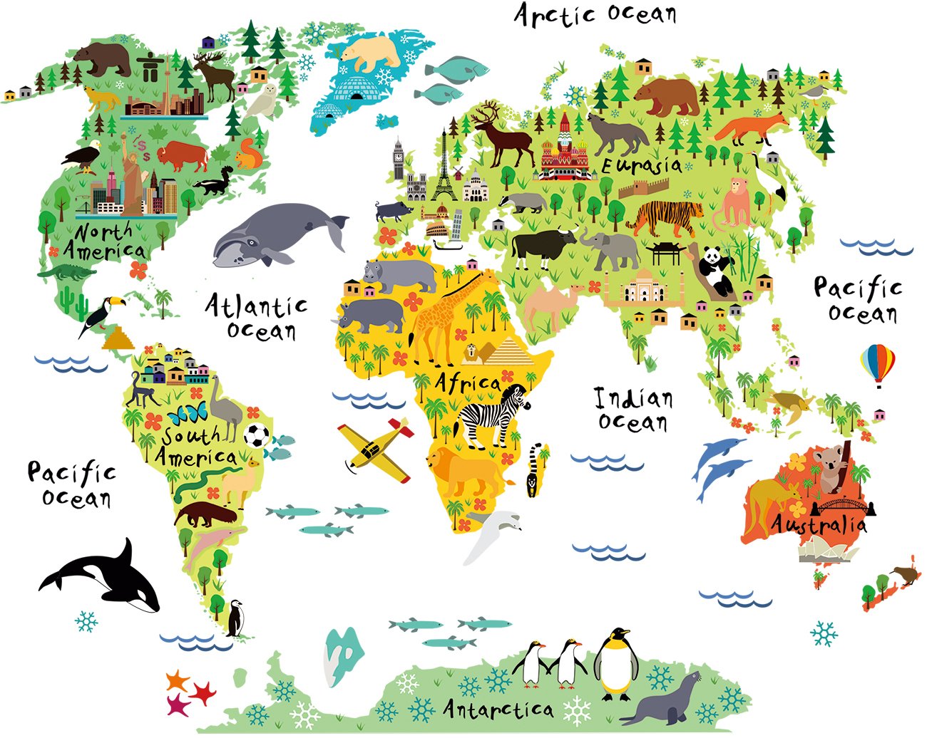 Homeevolution Large Kids Educational Animal Landmarks World Map Peel & Stick Wall Decals Stickers Home Decor Art For Nursery