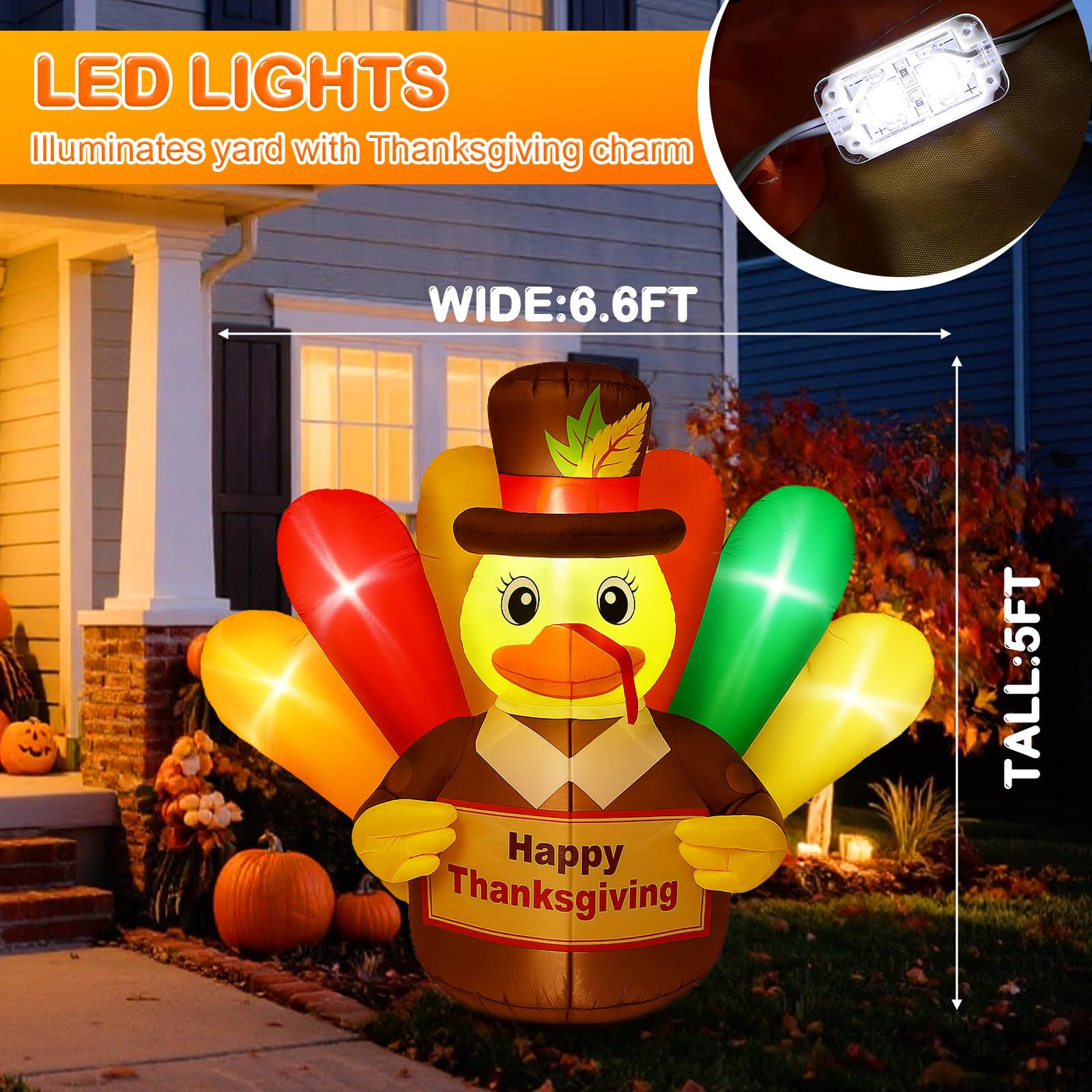 Sosation 6.5 FT Thanksgiving Inflatables Duck Turkey Inflatable Decoration Blow Up Turkey Outdoor with LED Lights Decorations fo