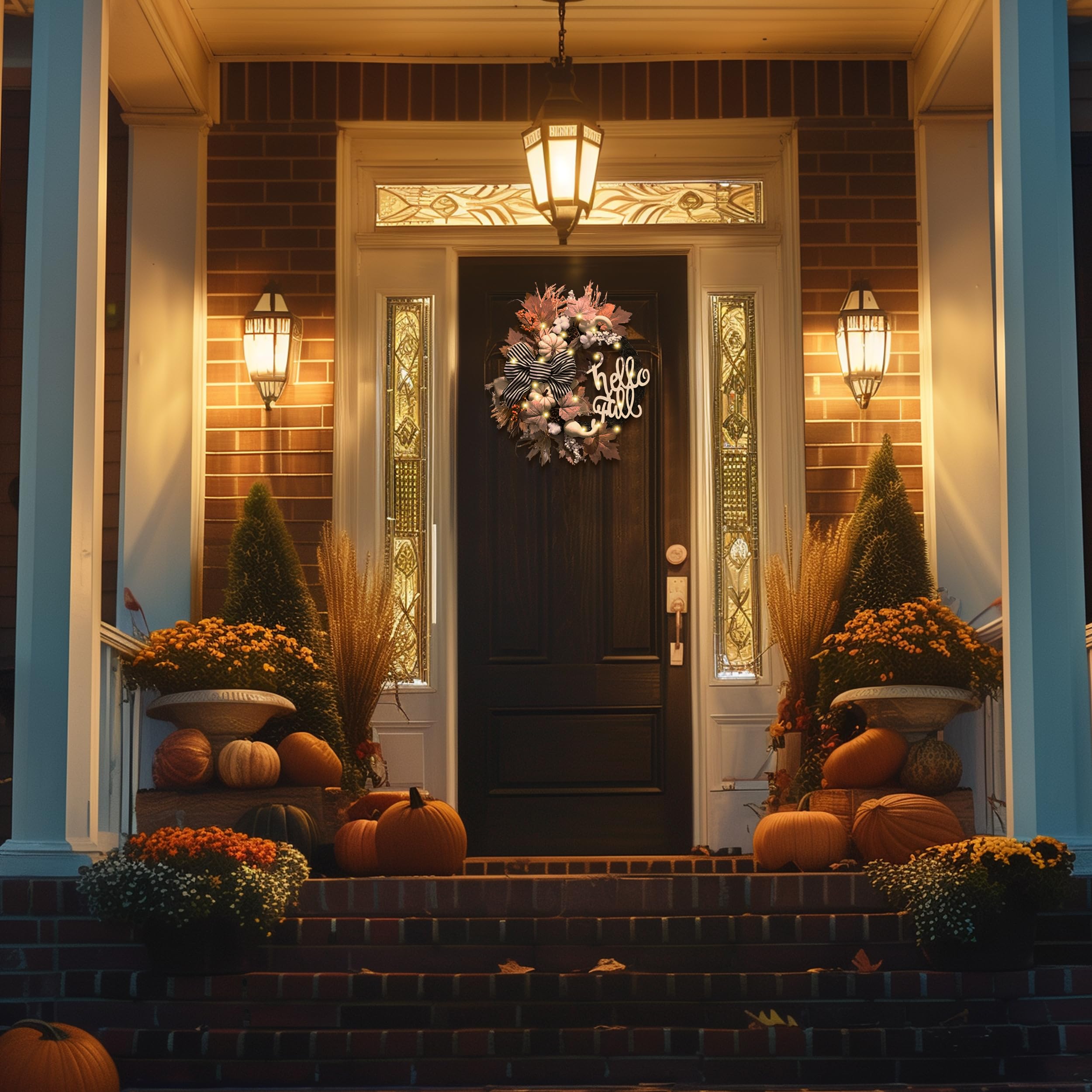 Valery Madelyn 22'' Collapsible Fall Wreaths for Front Door, Neutral Autumn Door Wreath with Lights Pumpkins Bow Outdoor Fall Ha