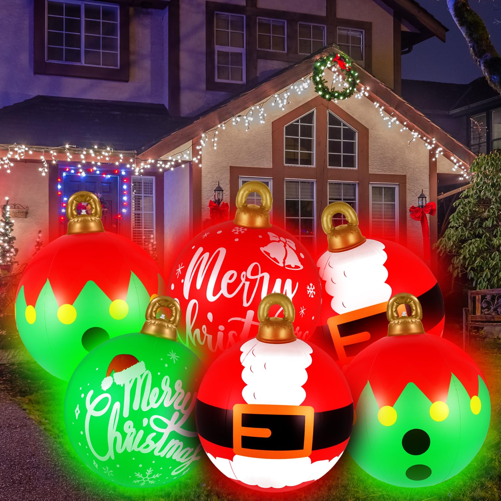 [Light up] Inflatable Ornaments Balls Outdoor 4Pcs: Flashes in Red | Green | Blue and Timer, 24 Inch Giant Christmas Inflatable