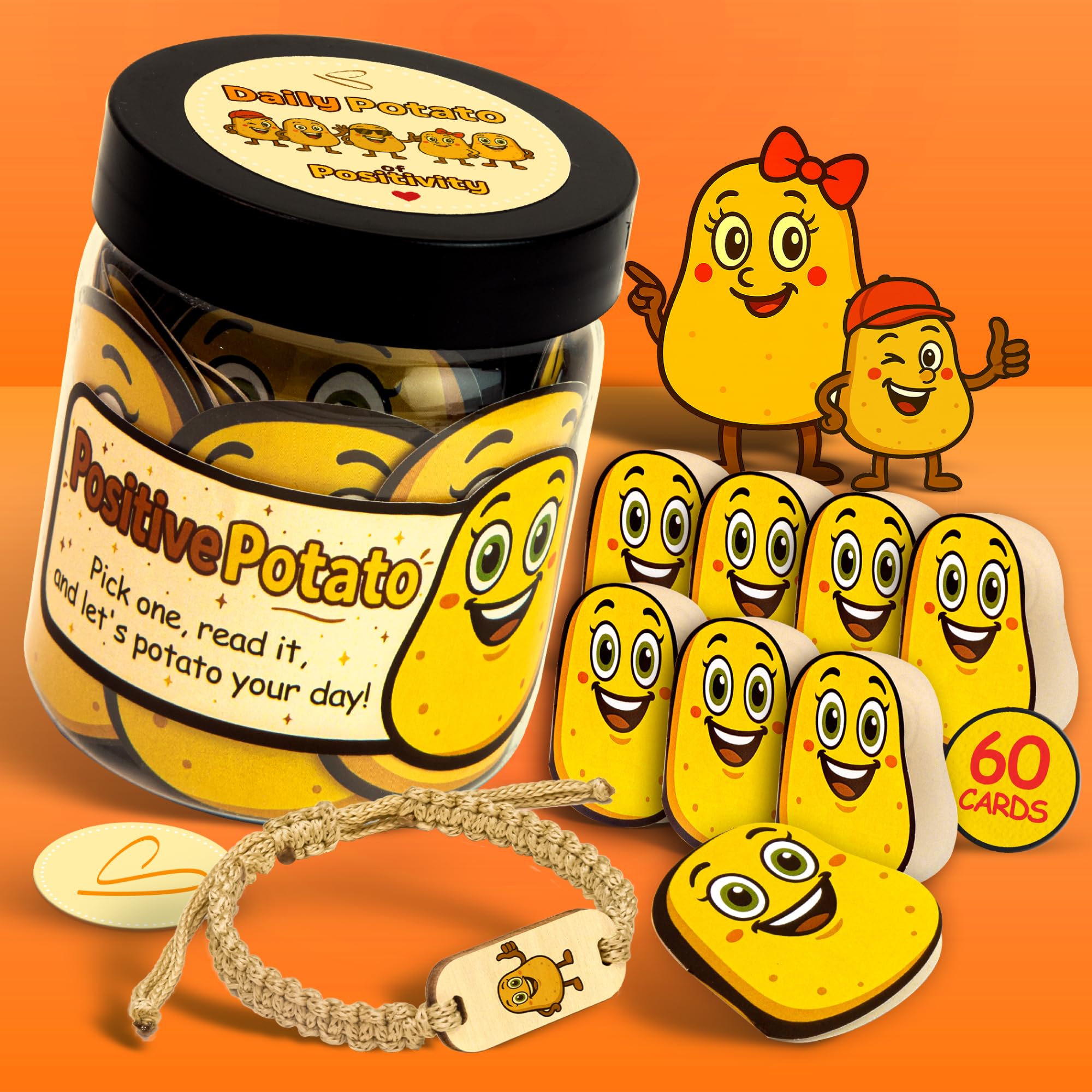 Stofinity Cute Positive Potato Affirmations Jar - 60 Positive Affirmations Cards For Men, Emotional Support Potato Gift, Funny I