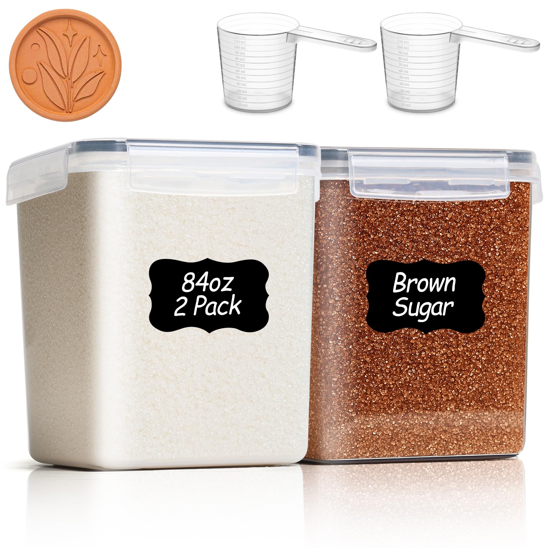 ComSaf Brown Sugar Container Set of 2 (2.5L/2.6Qt), Airtight Food Storage Containers with Lids and Terra Cotta Brown Sugar Saver