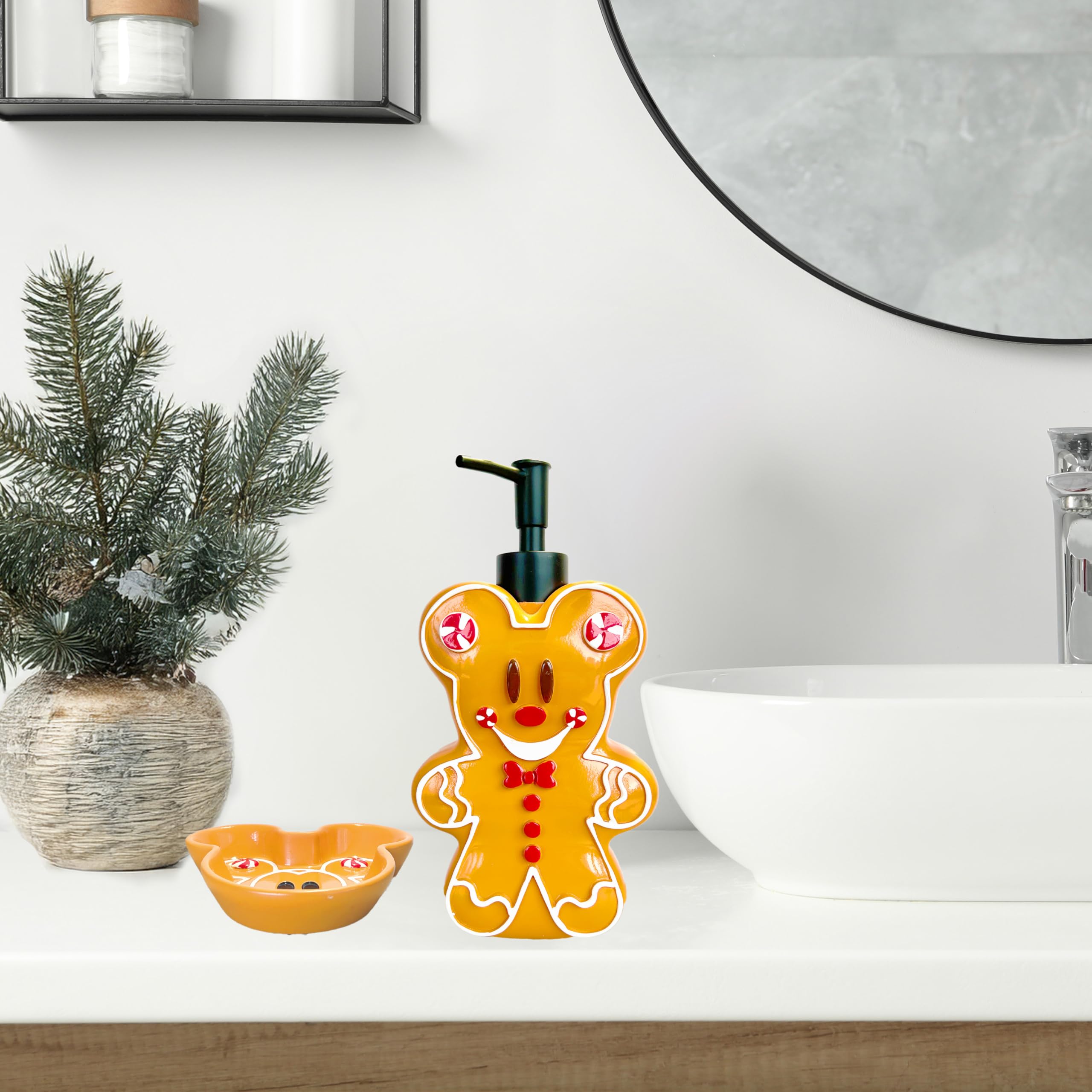 Jay Franco Disney Mickey Mouse Gingerbread Bathroom Set - 2 Piece Collection Includes Lotion Pump & Soap Dish - Christmas And Ho