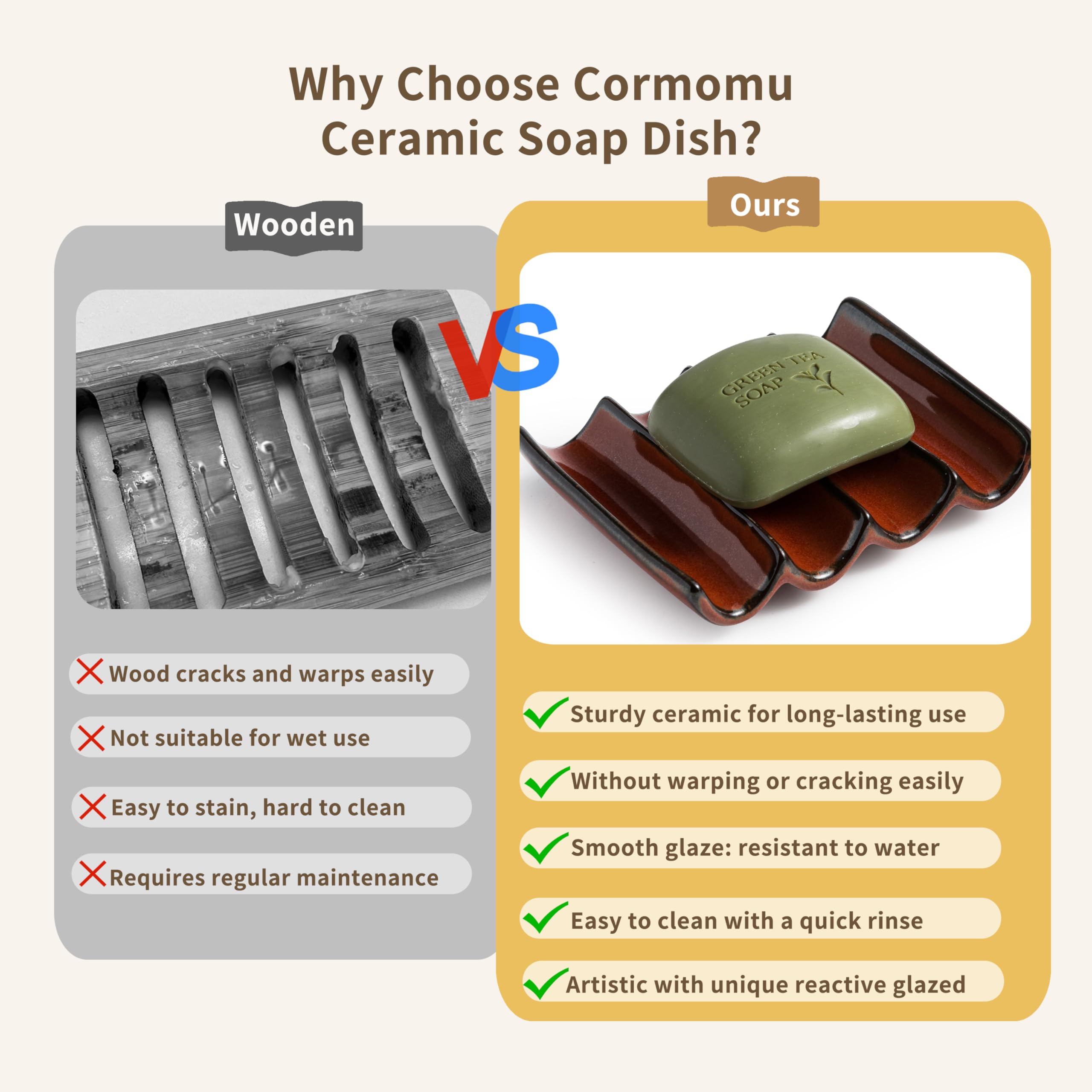 Cormomu Bathroom Soap Dish For Shower, Bar Soap Holder With Self Drain, Ceramic Soap Saver Tray For Bathroom Sink, Kitchen Count