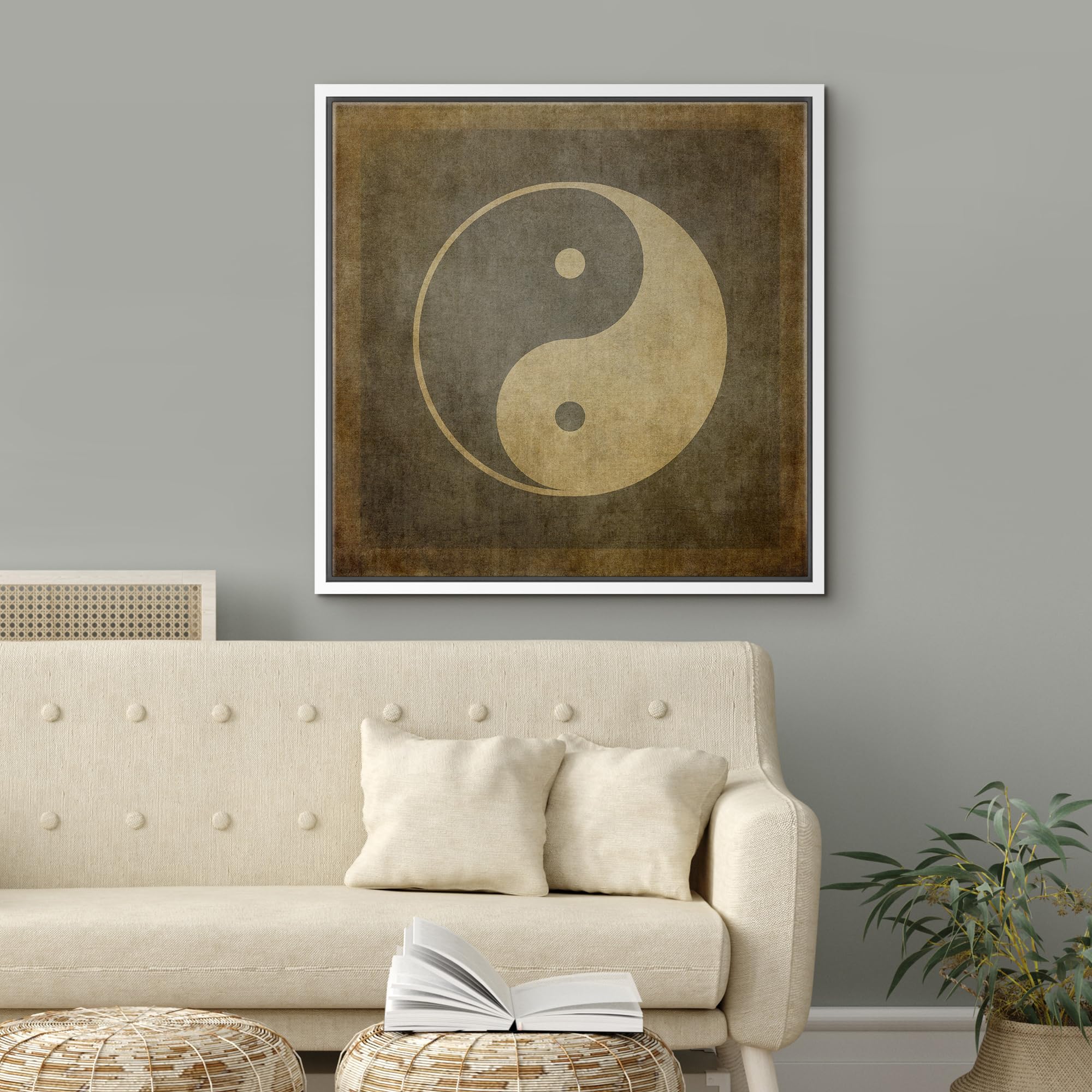 Wall26 Framed Canvas Print Wall Art Brown & Tan Grunge Chinese Yin Yang Symbol Historic Cultural Illustrations Modern Art Relax/