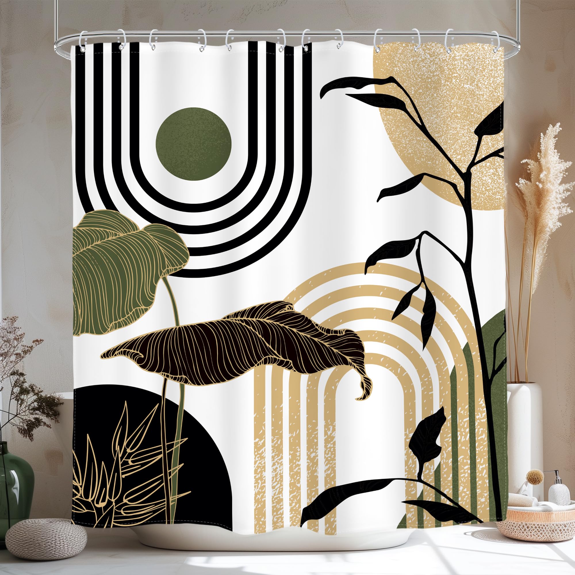 Glawry Green Gold Abstract Mid Century Shower Curtain Boho Retro Tropical Palm Sun Arch Minimalist Bathroom Modern Aesthetic Geo