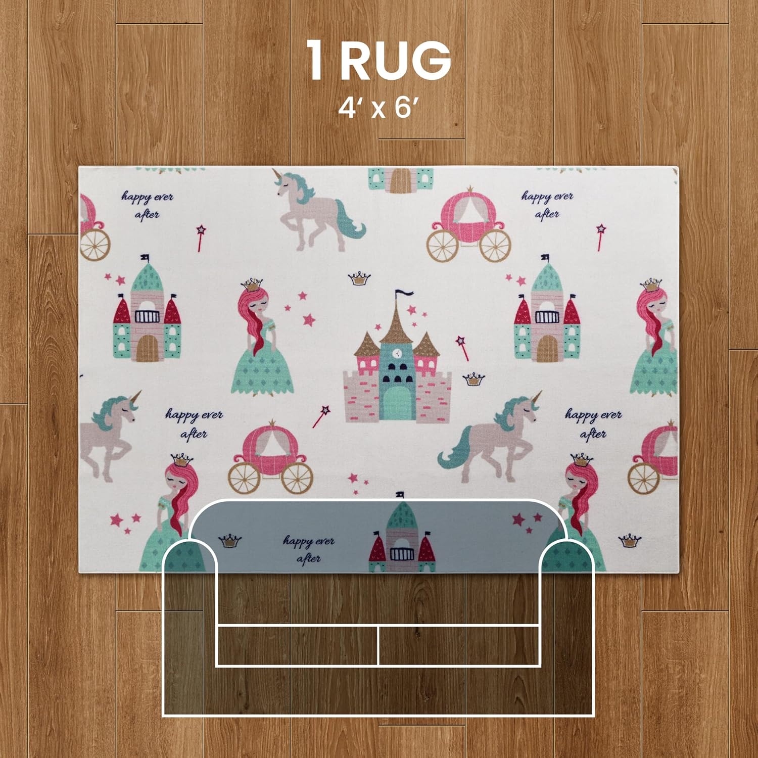 Machine Washable Non Slip Kids Rugs for Living Room & Bedroom - Princess Castle