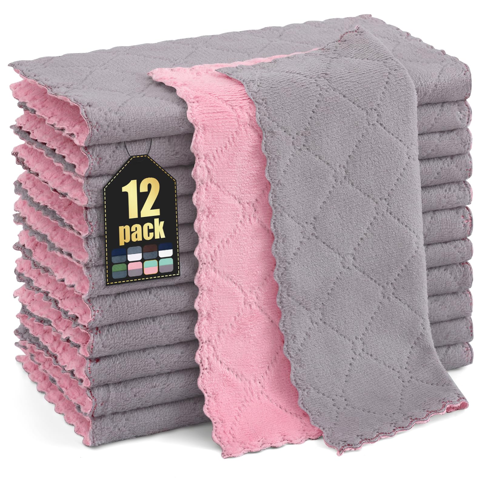 Homaxy 12 Pack Kitchen Cloths Dish Towels (10 x 10, Grey & Pink), Super Soft and Absorbent Dish Cloths, Coral Velvet Microfiber 