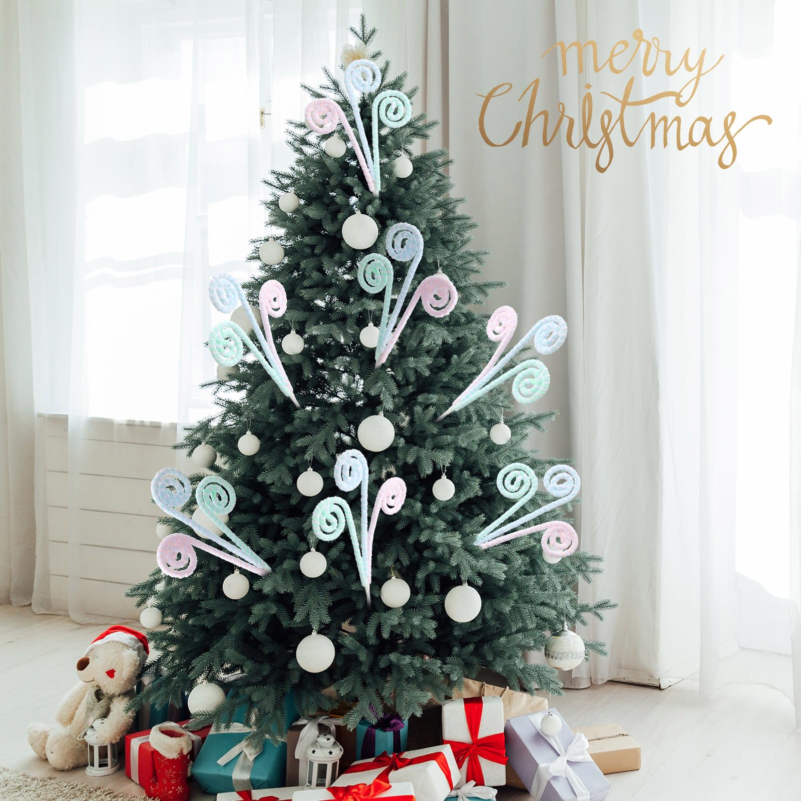 Gerrii 16 Pastel Christmas Decor Candy Cane Tree Picks Christmas Ornament Pastel Curly Pick Spray Macaron Stem Topper Large Loll