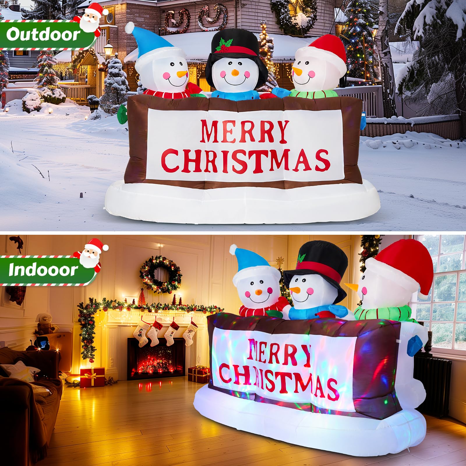 SOLLED 8 FT Christmas Inflatables Snowman with Rotating RGB Lights, 3 Blow Up Snowmen Holding Merry Christmas Sign, Outdoor Yard