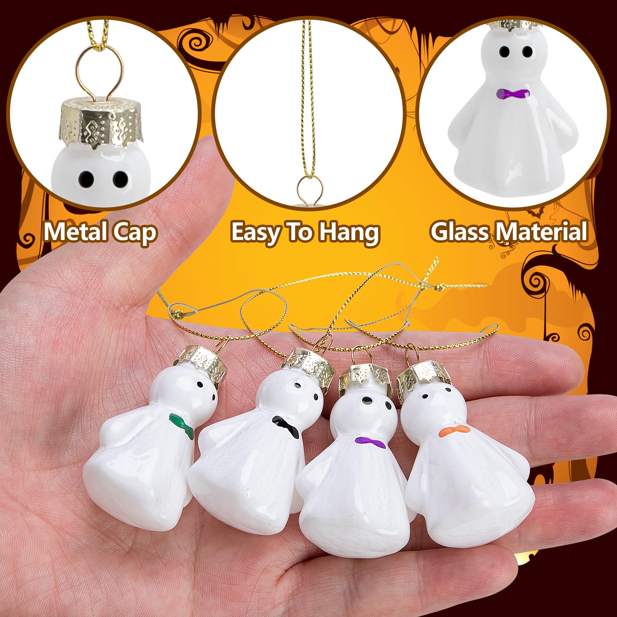 Watayo 12 Pcs Halloween Hanging Ghosts Glass Ornaments, 1.8  x 1.3  Small Ghosts Pendant Tree Decorations, Farmhouse Rustic Glas