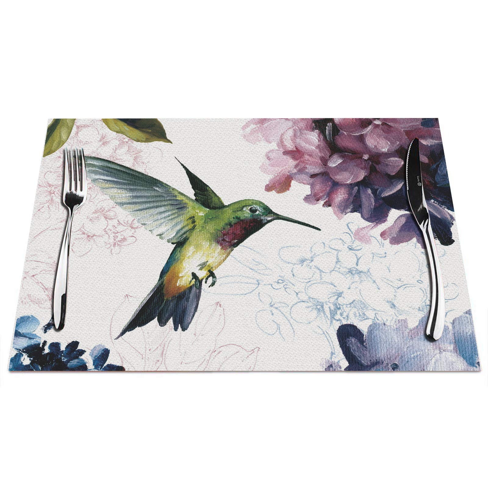 Hummingbird Placemats Set Of 4, Hummingbird Watercolor Painting Placemats Heat Resistant For Dining Table Non-Slip 18X12 Inches