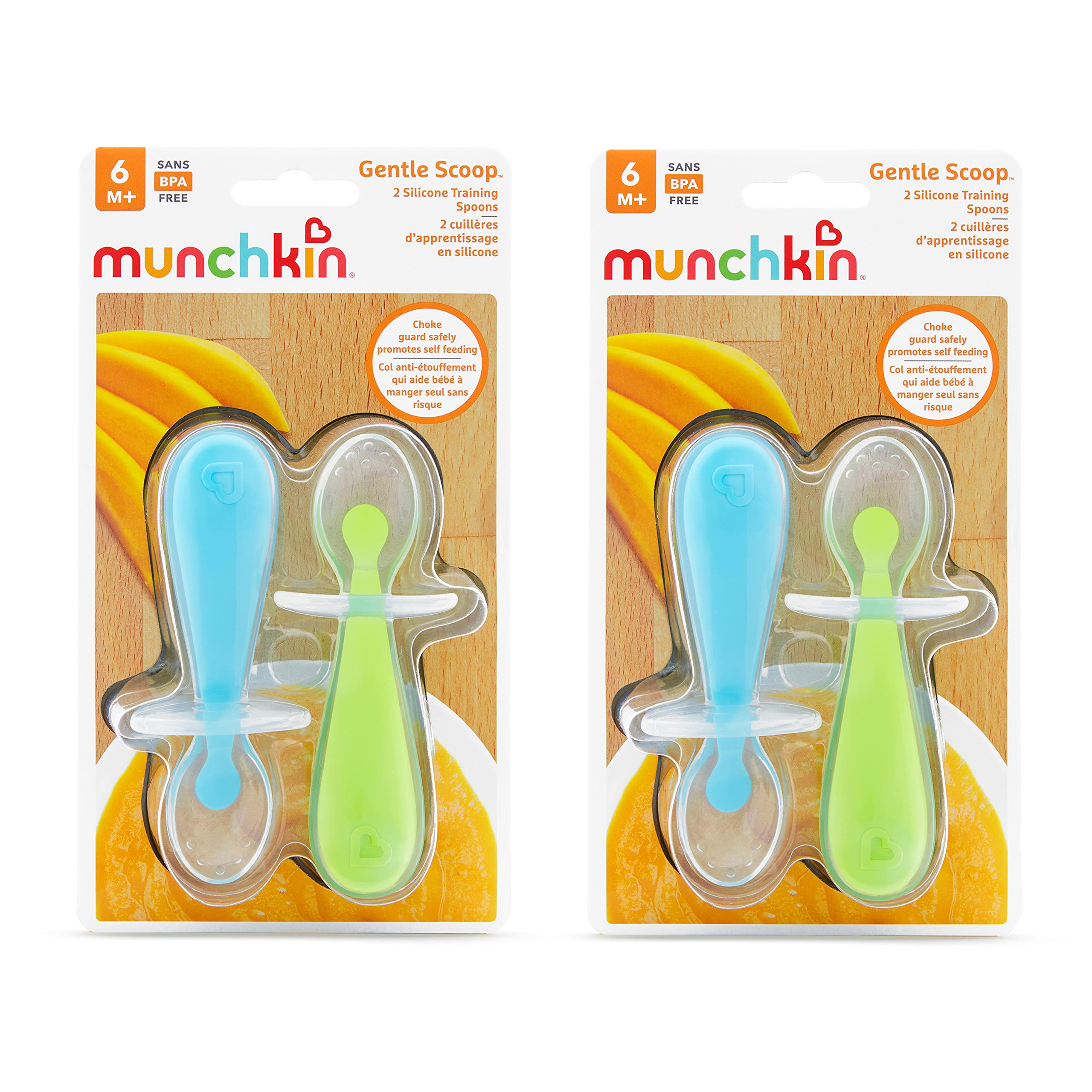 Munchkin Silicone Scoop Trainer Spoons With Choke Guard For Baby Led Weaning, 4 Count, Blue/Green