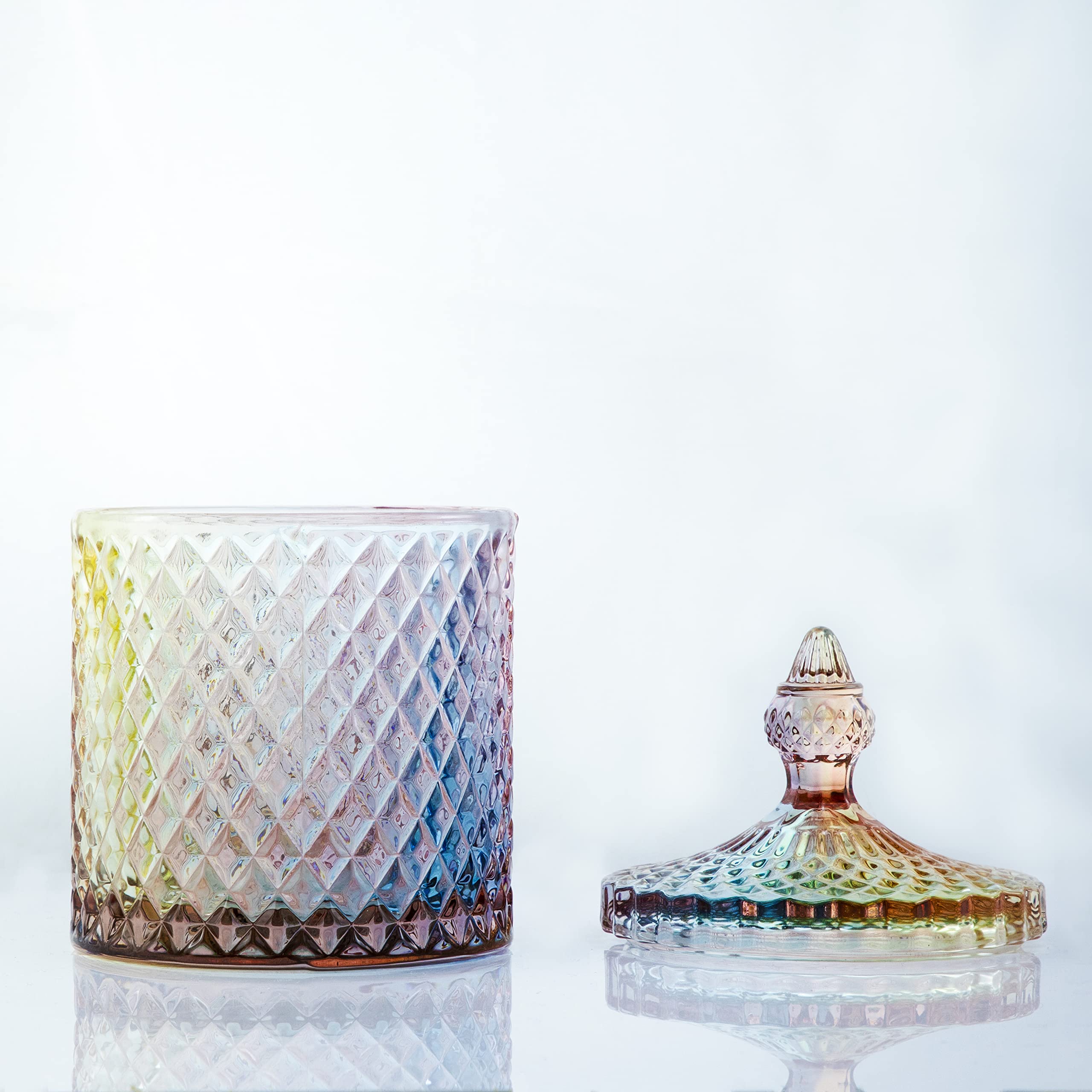 Rainie Love Home Basic Food Storage Organization Set-Colorful Crystal Diamond Faceted Jar with Crystal Lid Suitable as A Candy Dish Cookie Tin Biscuit Barrel Decorative Candy Jar-12 OZ-Small