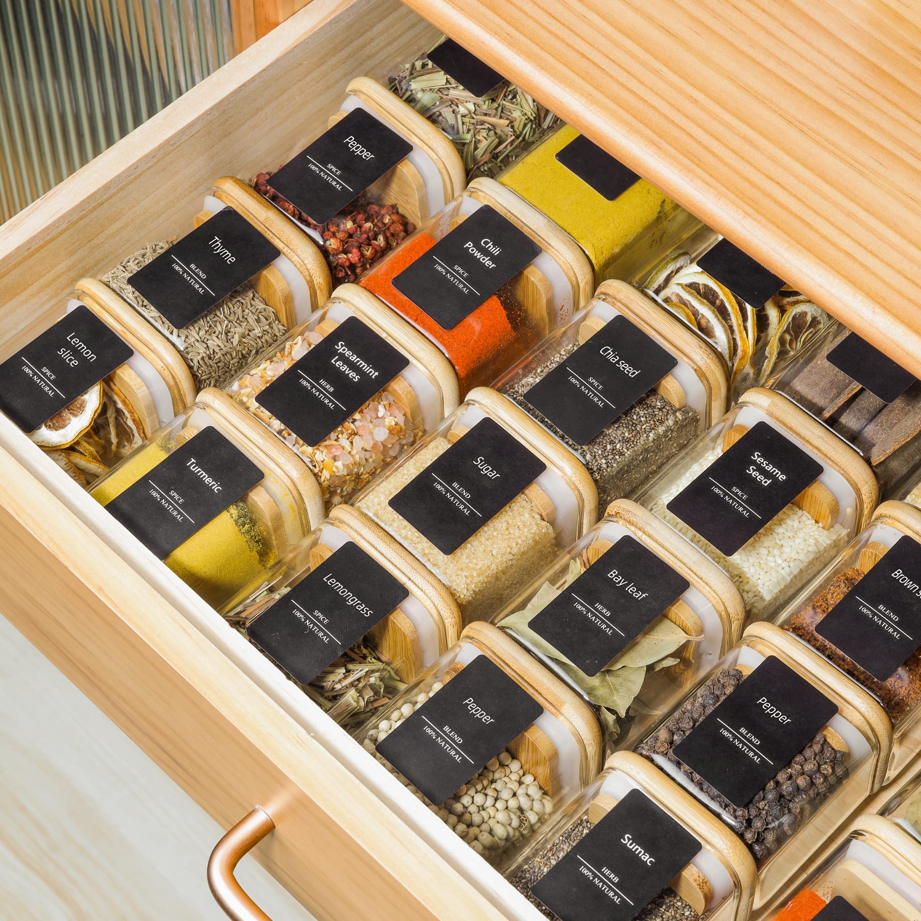 Comsaf 16Pcs Glass Spice Jars With Bamboo Lid, 4Oz Airtight Square Spice Containers With 275 Black Lables, Empty Seasoning Jars