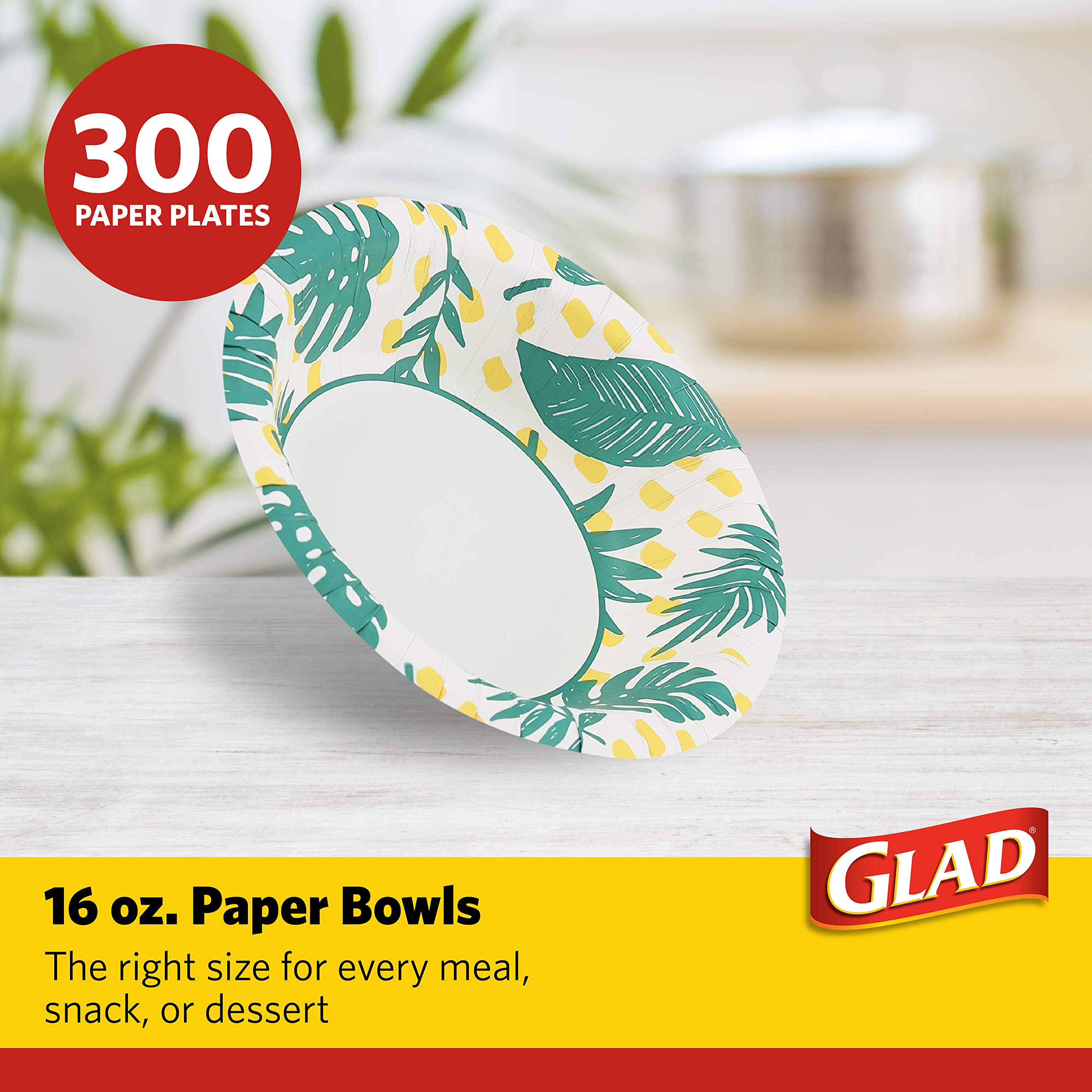 Glad Disposable Paper Bowls With Palm Leaves Design, 16 Ounces, Soak Proof, Cut-Proof, Microwaveable, 300 Count | Heavy Duty Dis